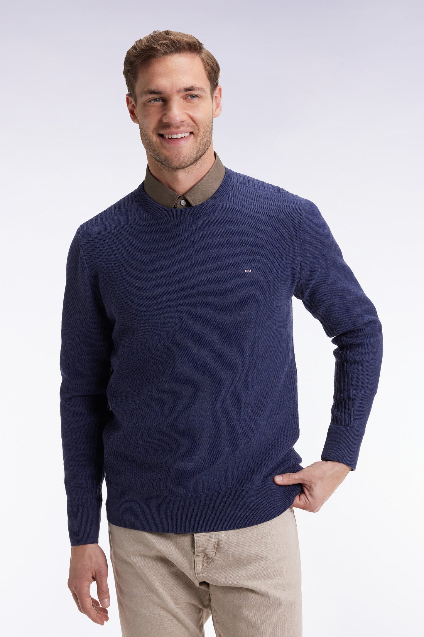 Pull col rond en coton nid d'abeille marine