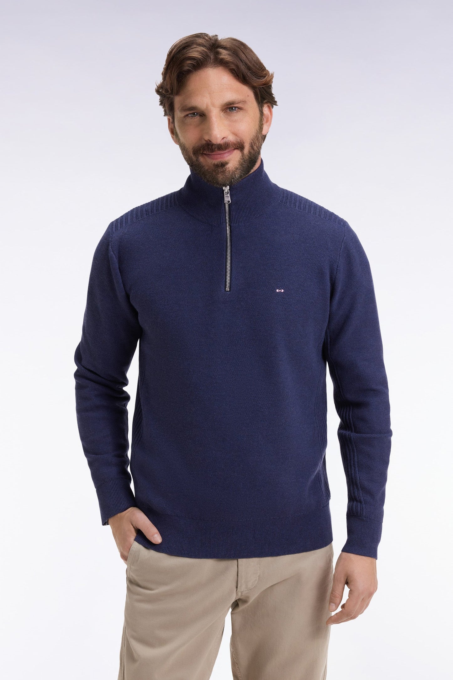 Pull col camionneur en coton nid d'abeille marine