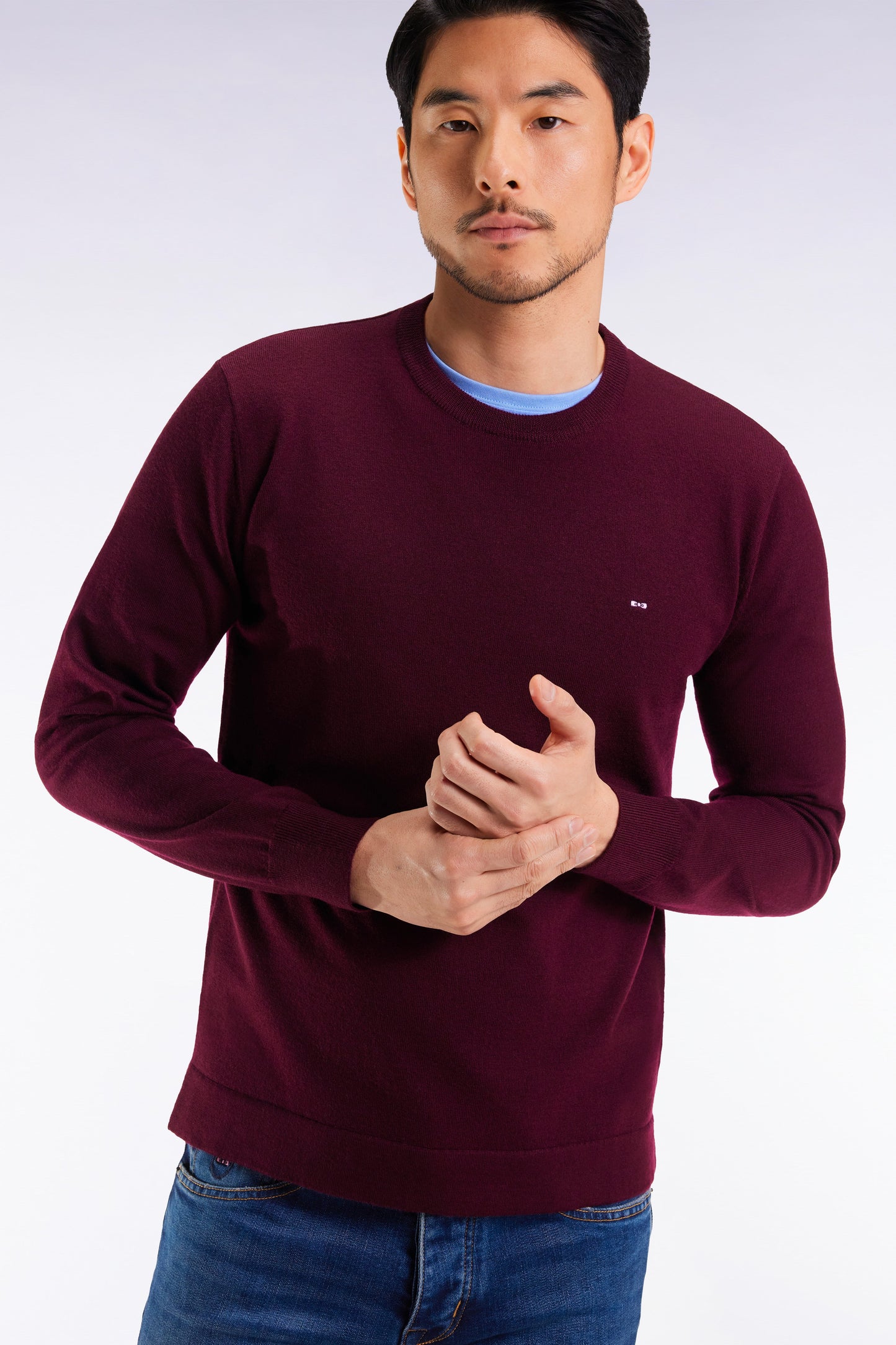 Pull col rond en laine mérinos bordeaux