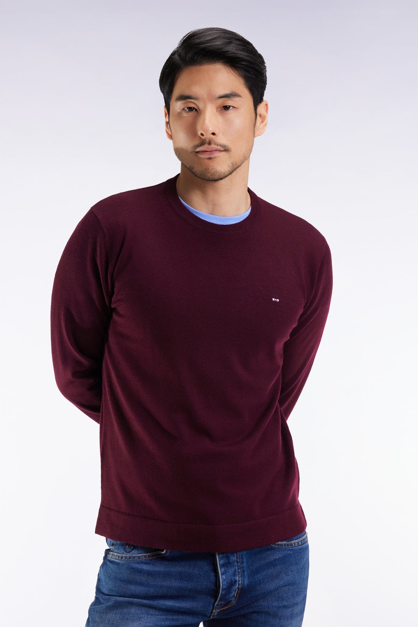 Pull col rond en laine mérinos bordeaux