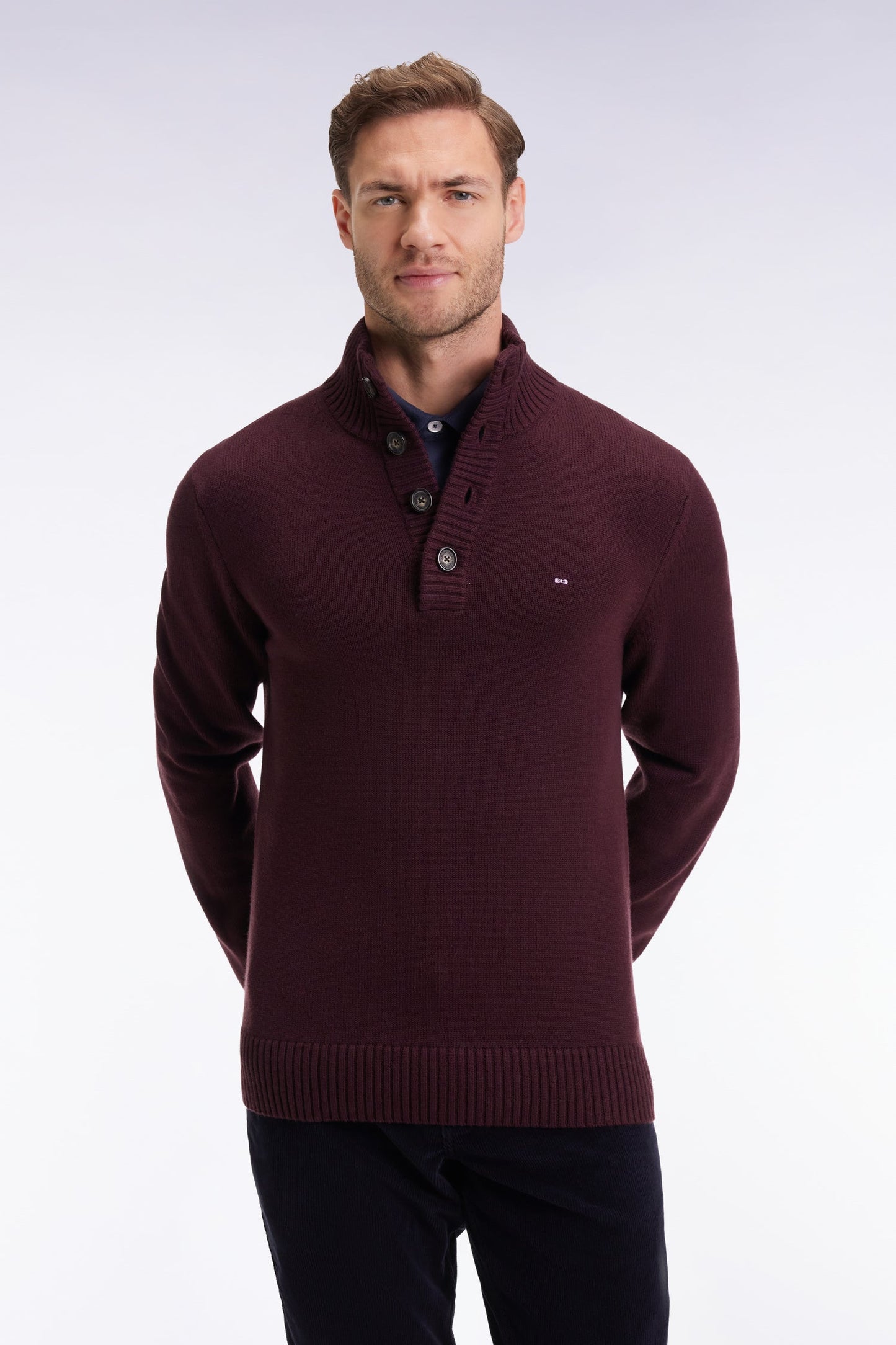 Pull col montant épais en laine et coton bordeaux