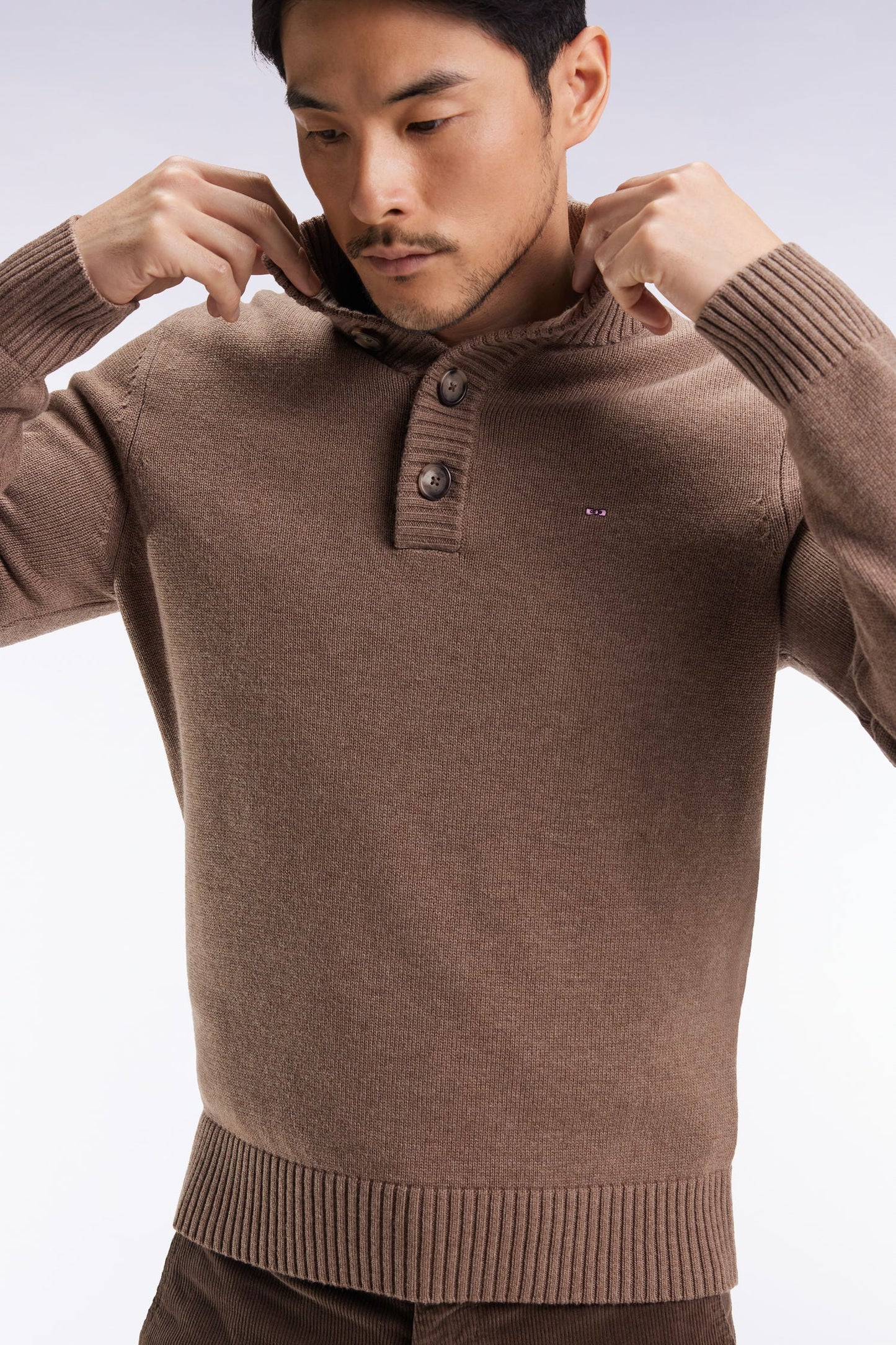 Pull col montant épais en laine et coton marron