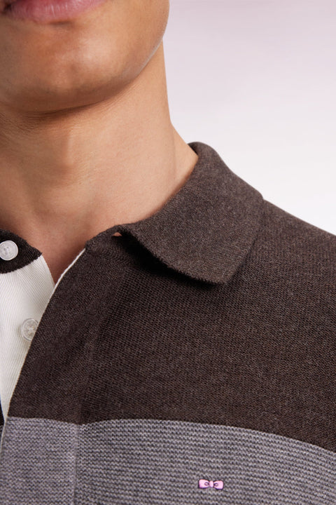 Pull col maillot en laine et coton marine marron et gris - Image 3