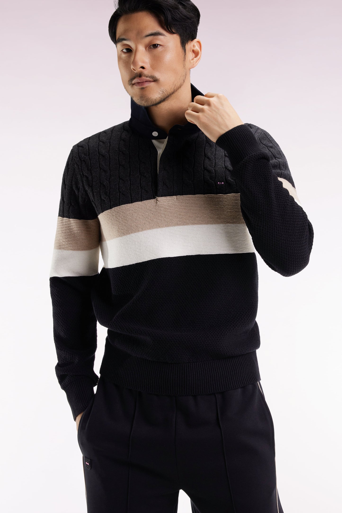 Pull col maillot en laine et coton torsadé noir et gris