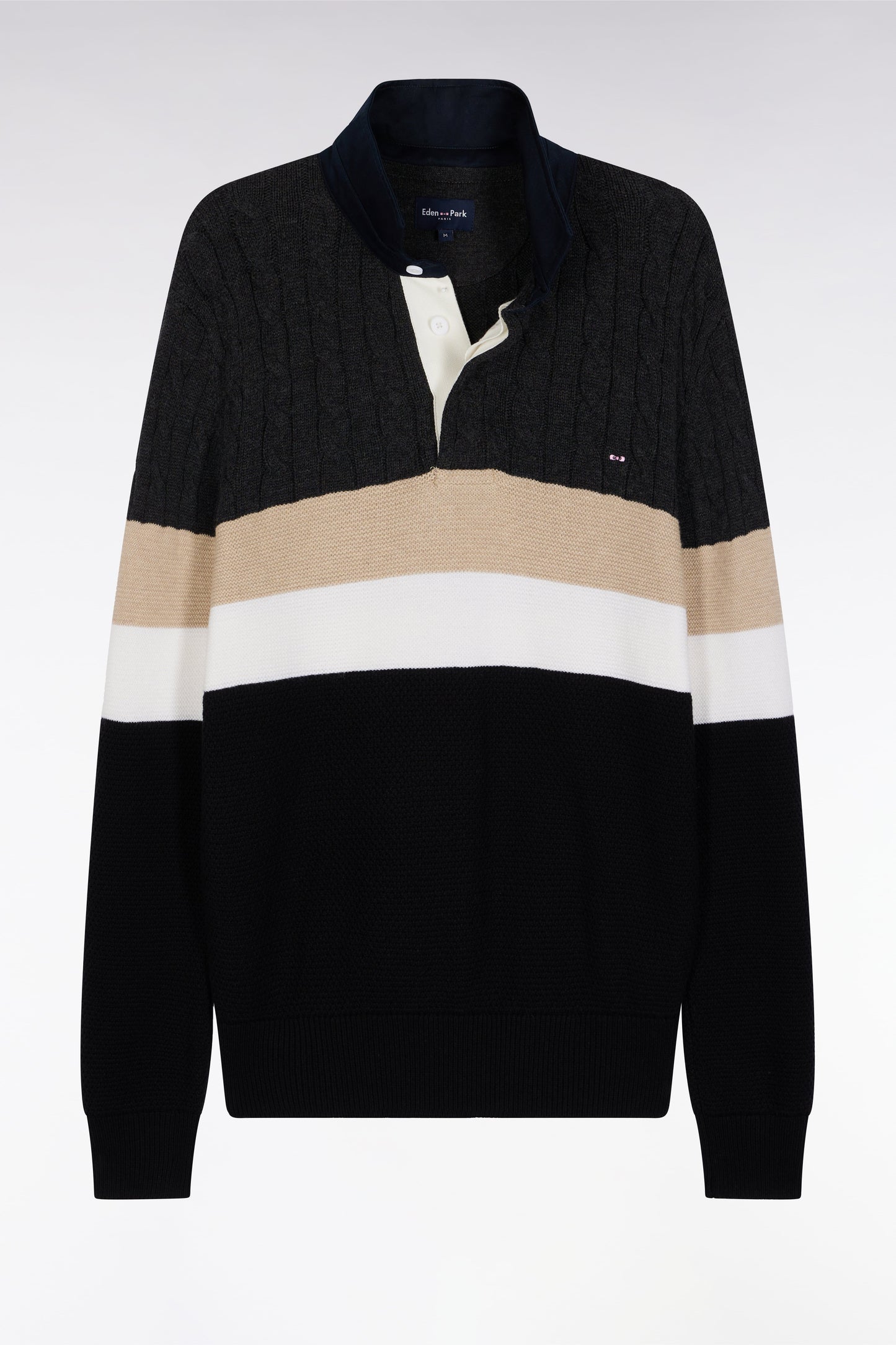 Pull col maillot en laine et coton torsadé noir et gris