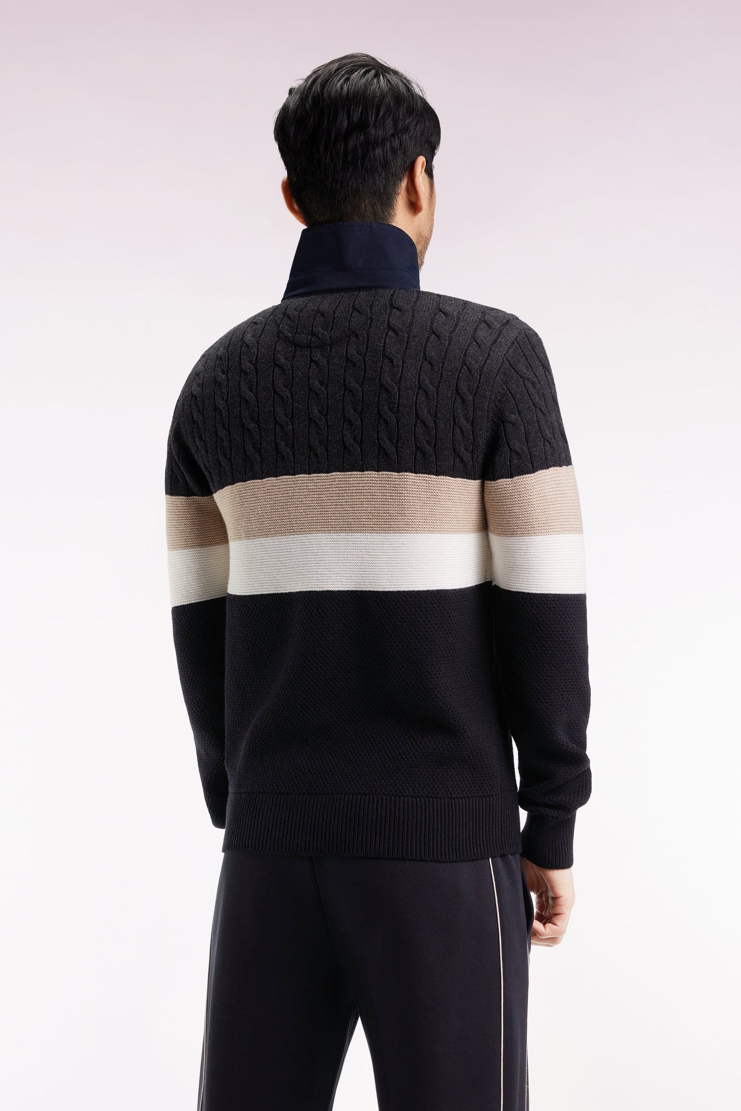 Pull col maillot en laine et coton torsadé noir et gris