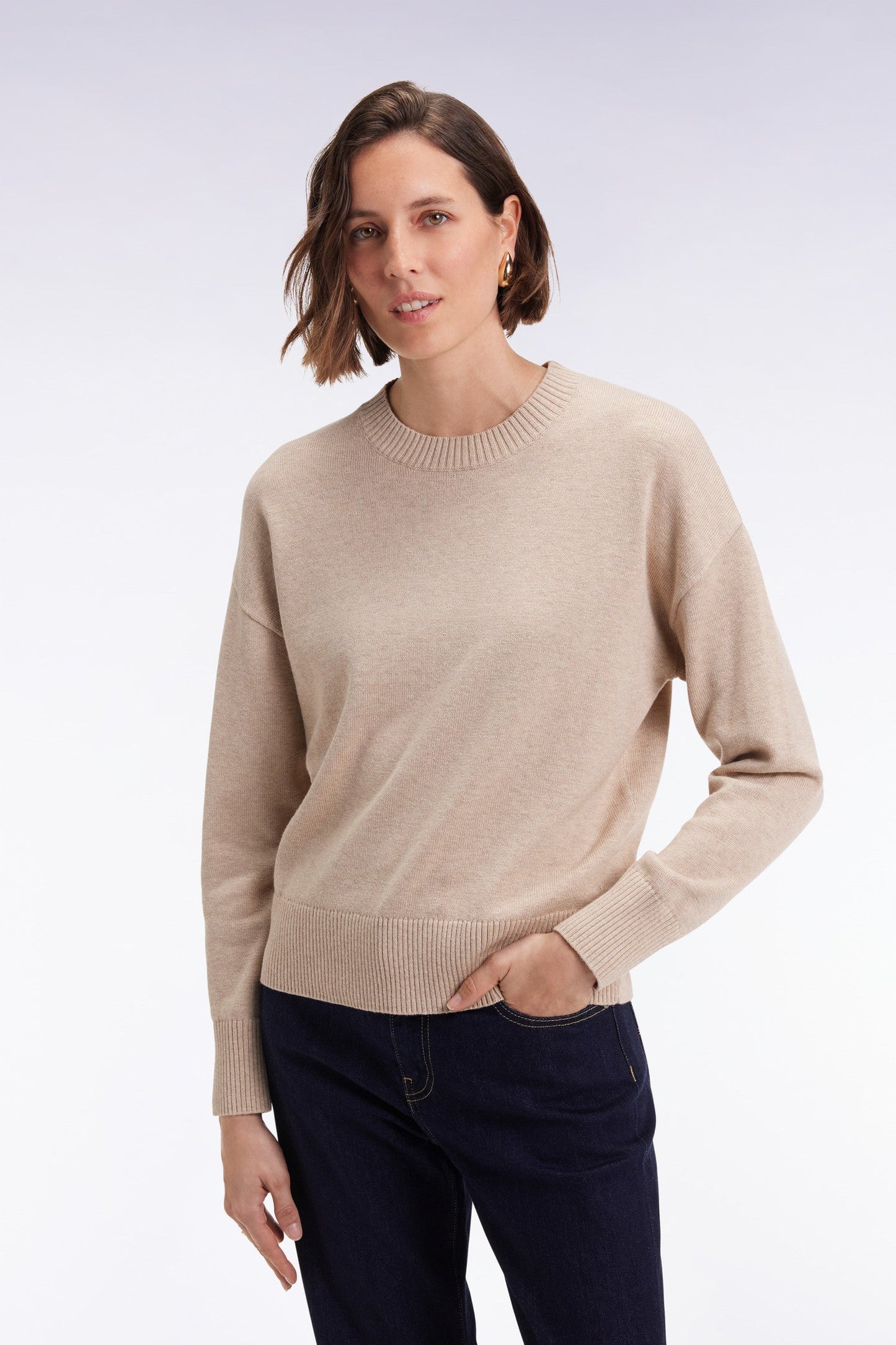 Pull à col rond en laine et coton beige coupe Relaxed