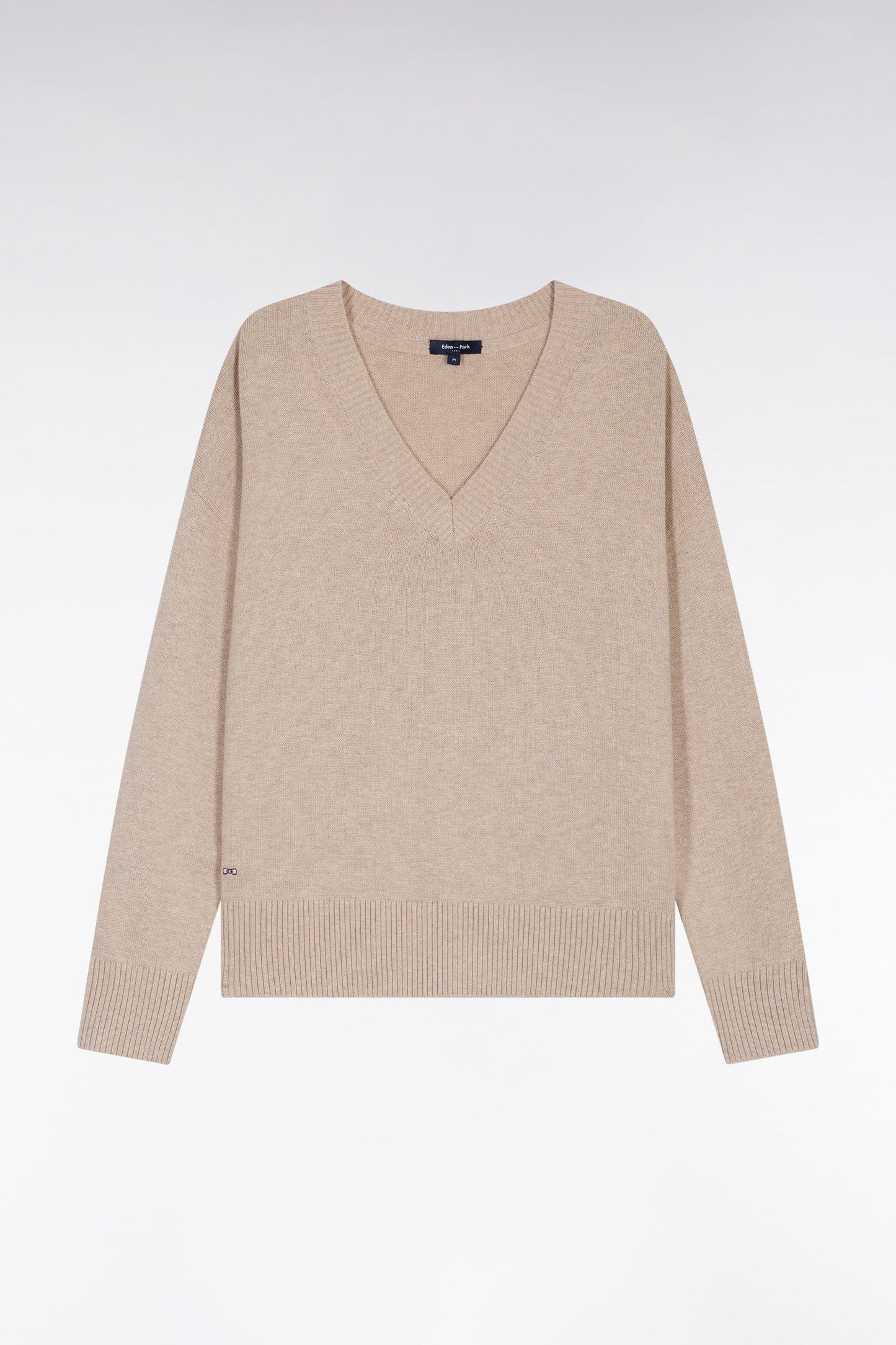 Pull à col V en laine et coton beige coupe Relaxed