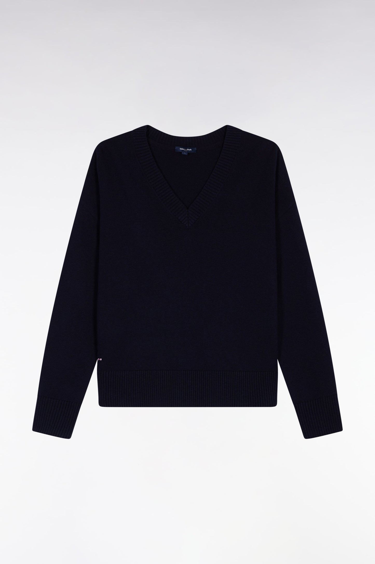 Pull à col V en laine et coton marine coupe Relaxed