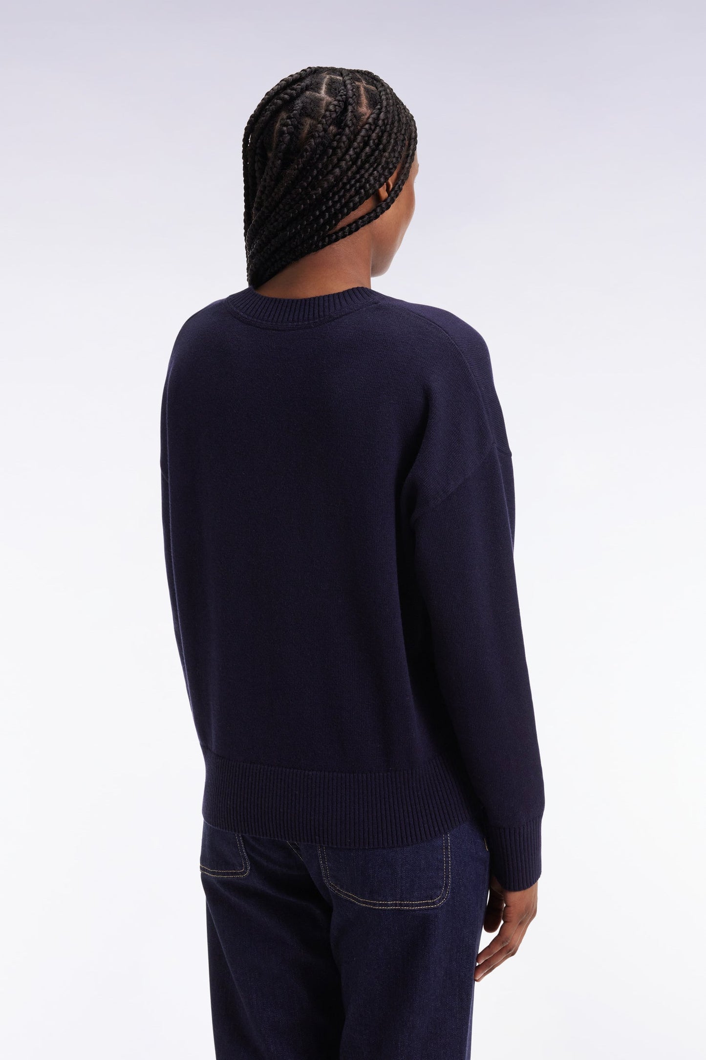 Pull à col V en laine et coton marine coupe Relaxed