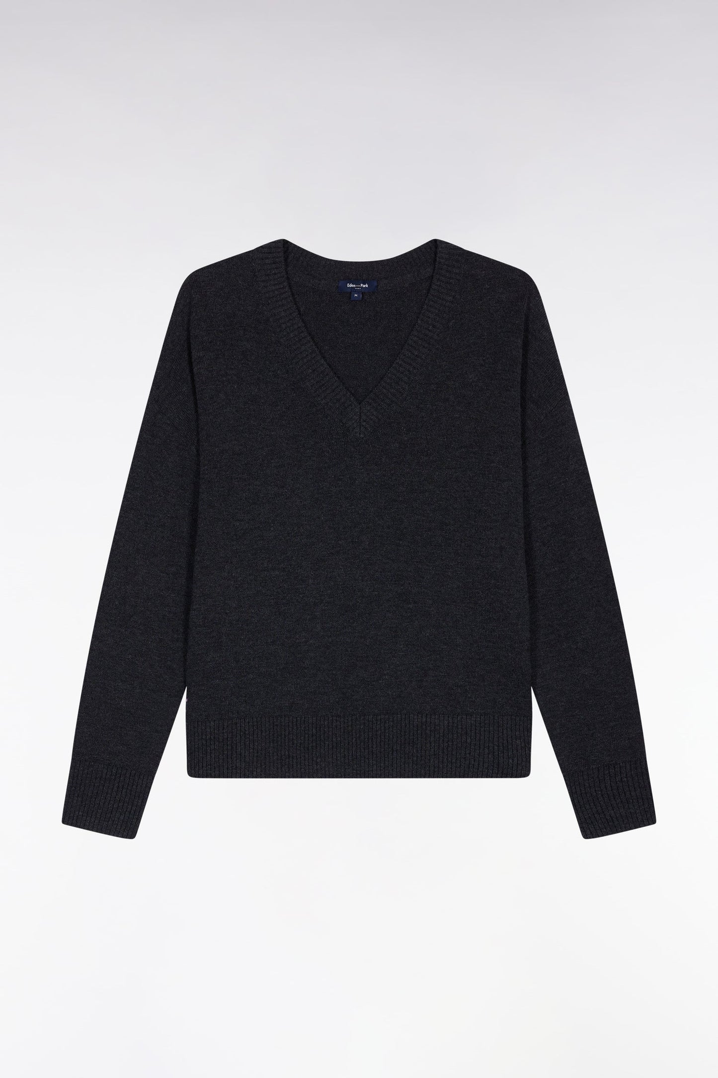 Pull à col V en laine et coton gris coupe Relaxed