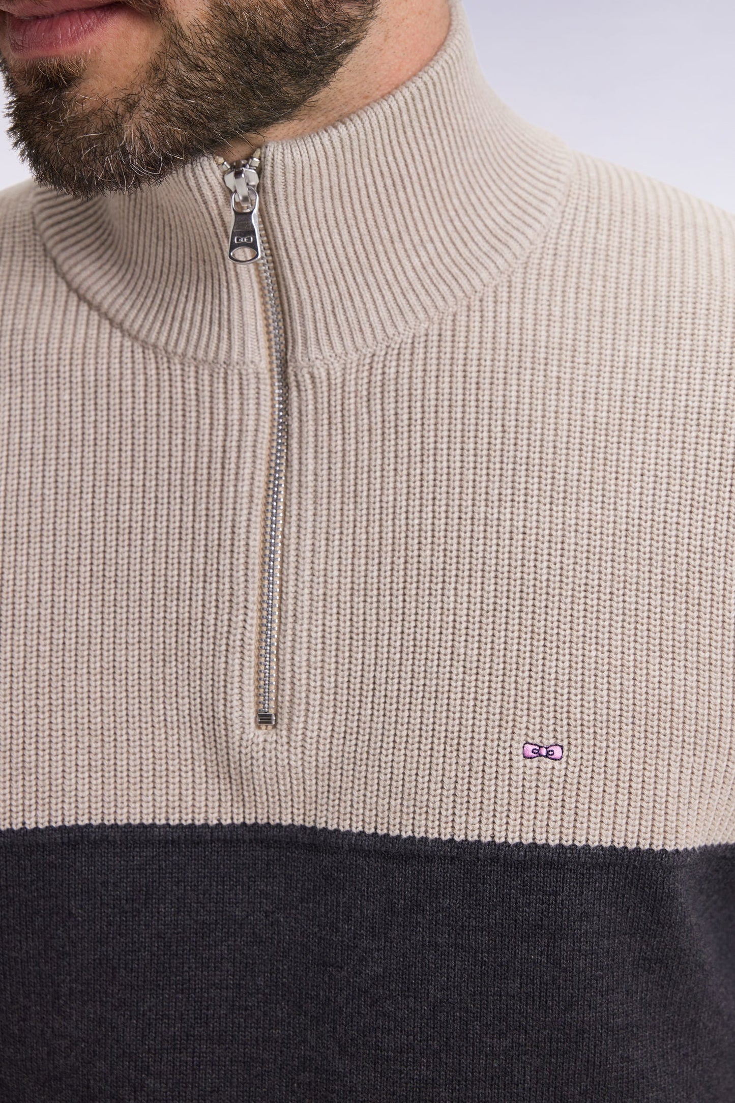 Pull col camionneur en coton gris à effet de rayure