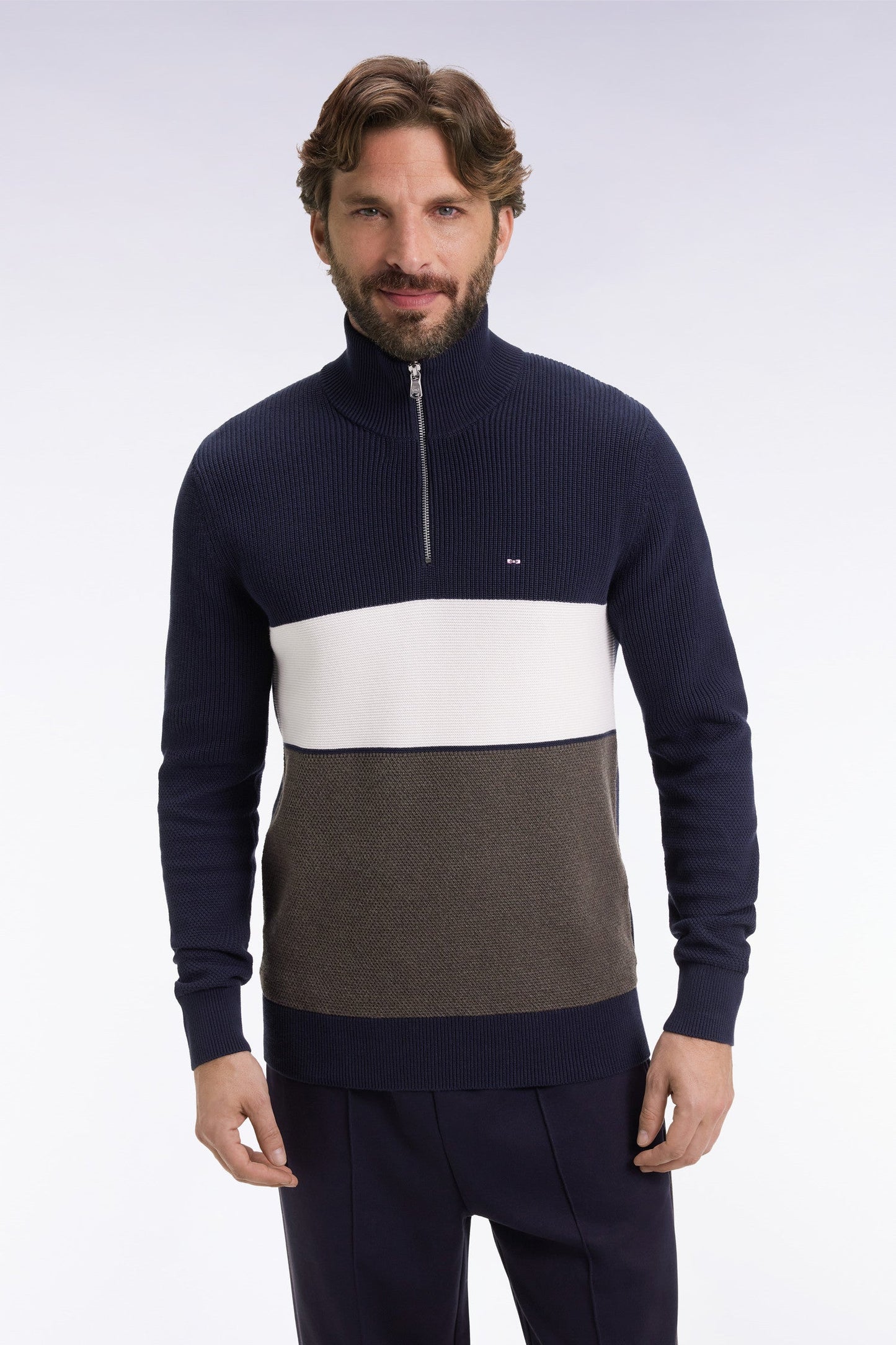 Pull col camionneur en coton marron et marine à effet de rayure