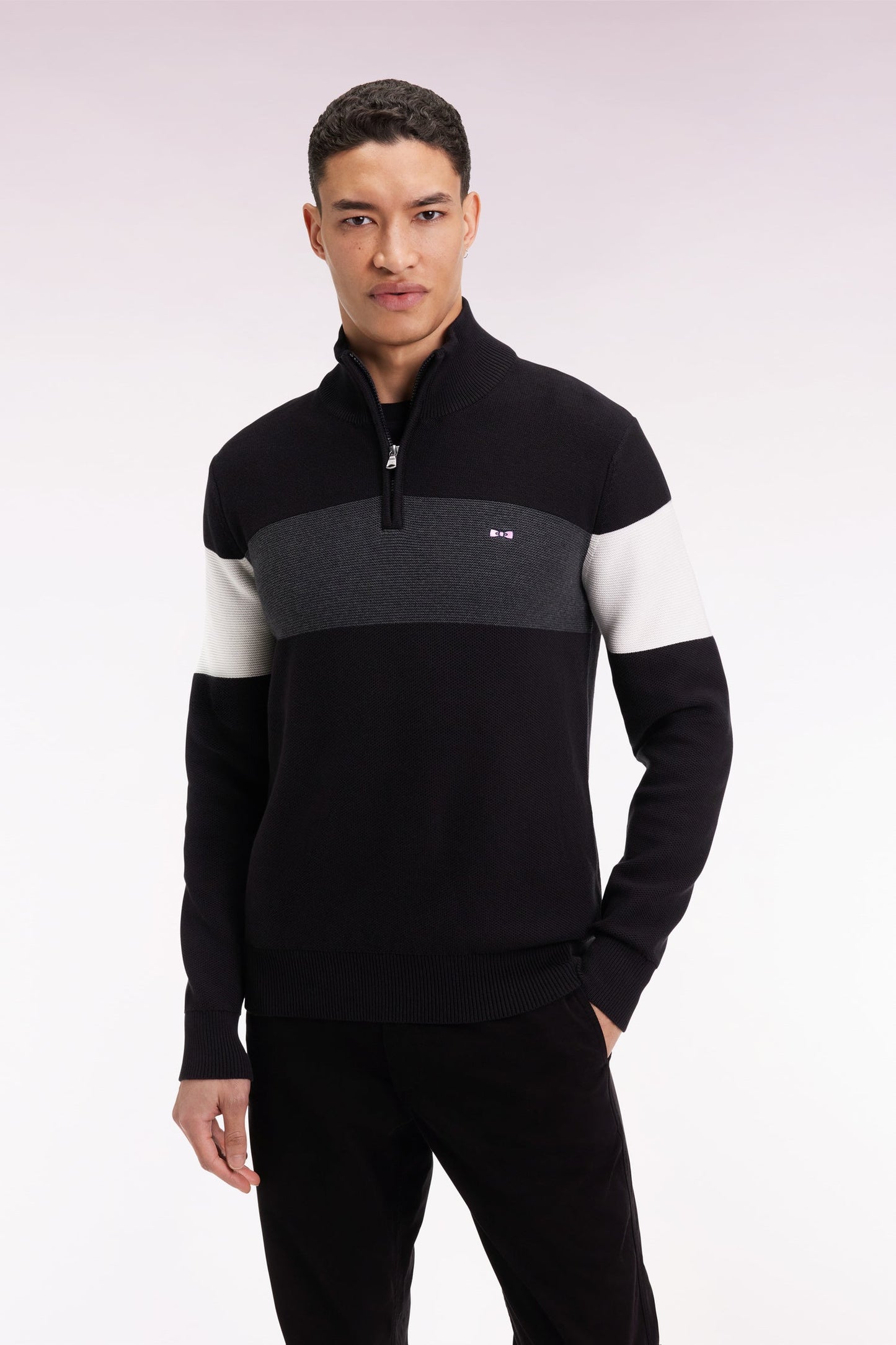 Pull col camionneur en coton noir broderie dos - MANQUE A PLAT