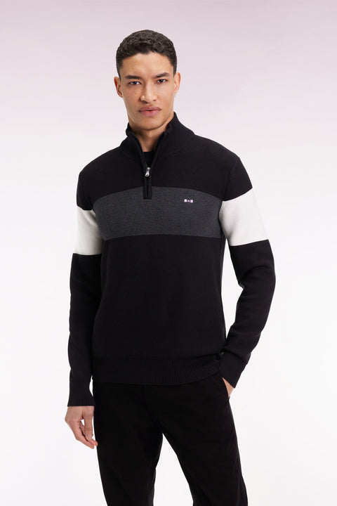Pull col camionneur en coton noir broderie dos - MANQUE A PLAT - Image 1