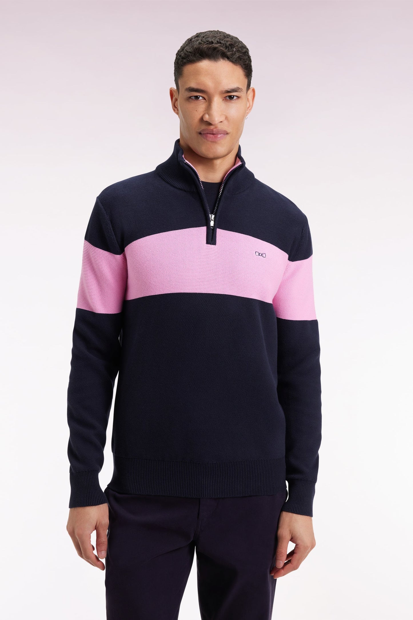 Pull col camionneur en coton marine broderie dos