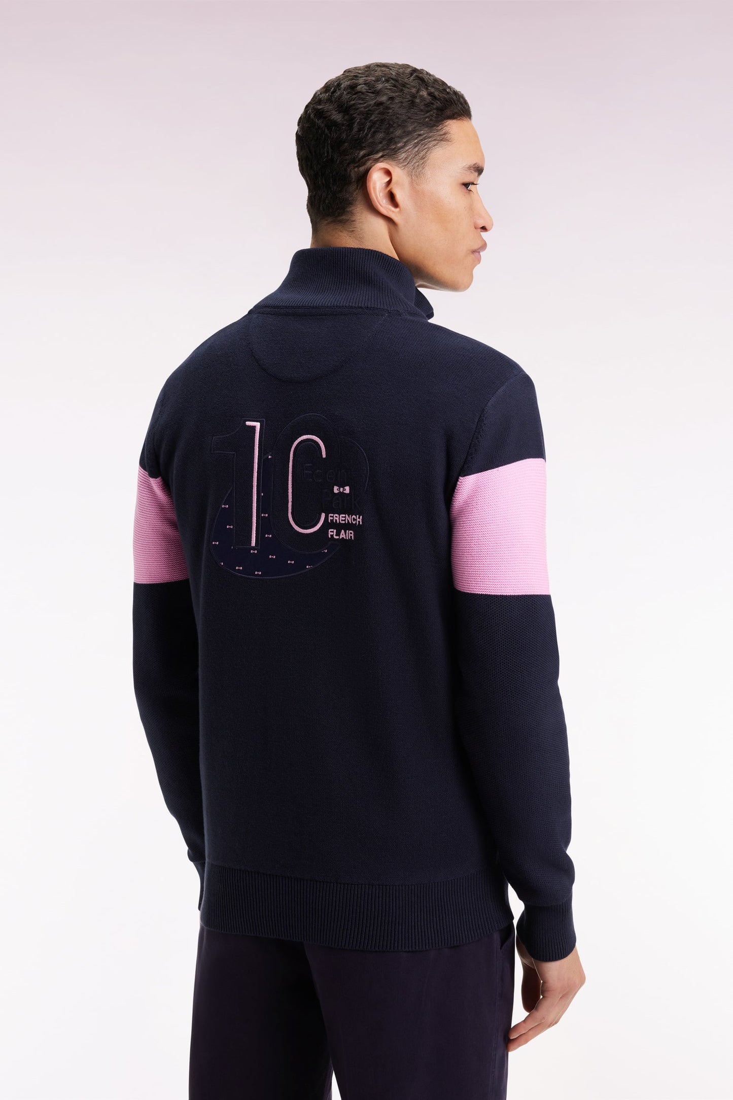Pull col camionneur en coton marine broderie dos