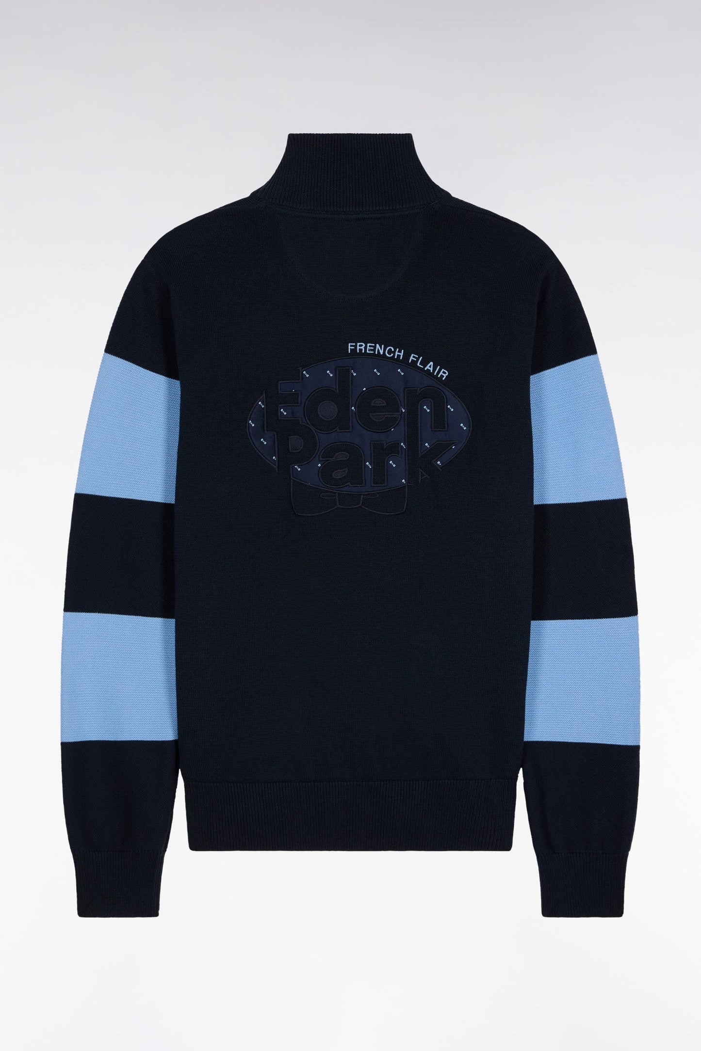 Pull col camionneur en coton marine et ciel broderie dos