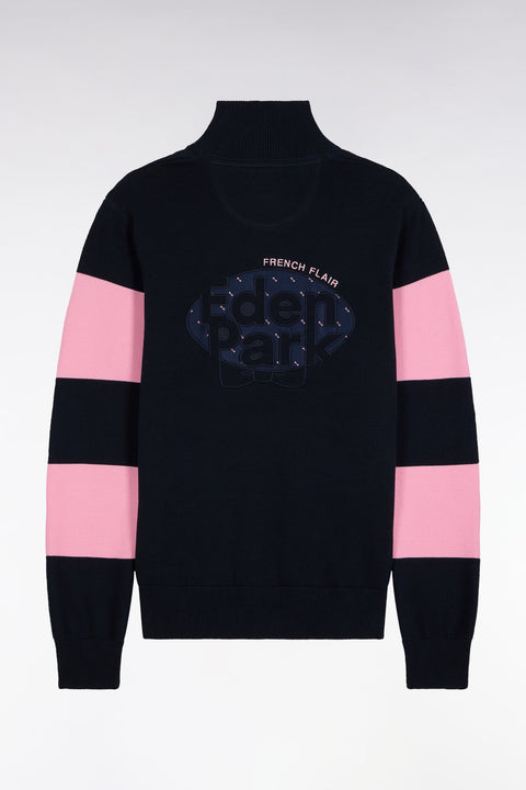 Pull col camionneur en coton marine et rose broderie dos - Image 2