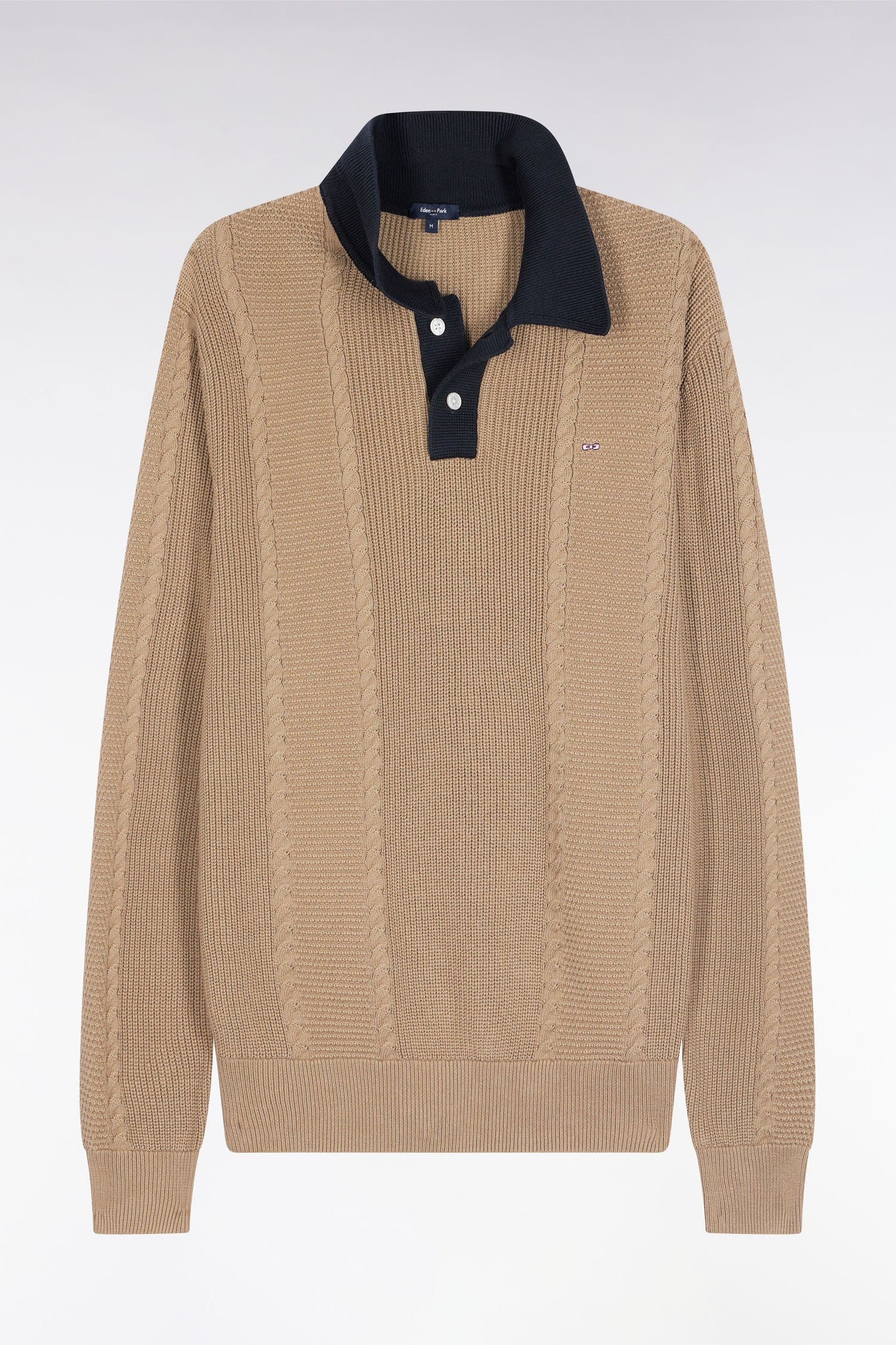 Pull à col polo bleu en coton beige