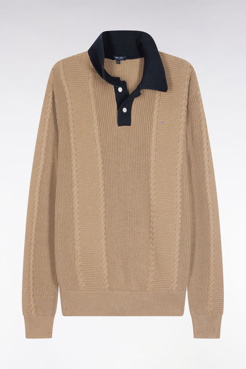 Pull à col polo bleu en coton beige - Image 2