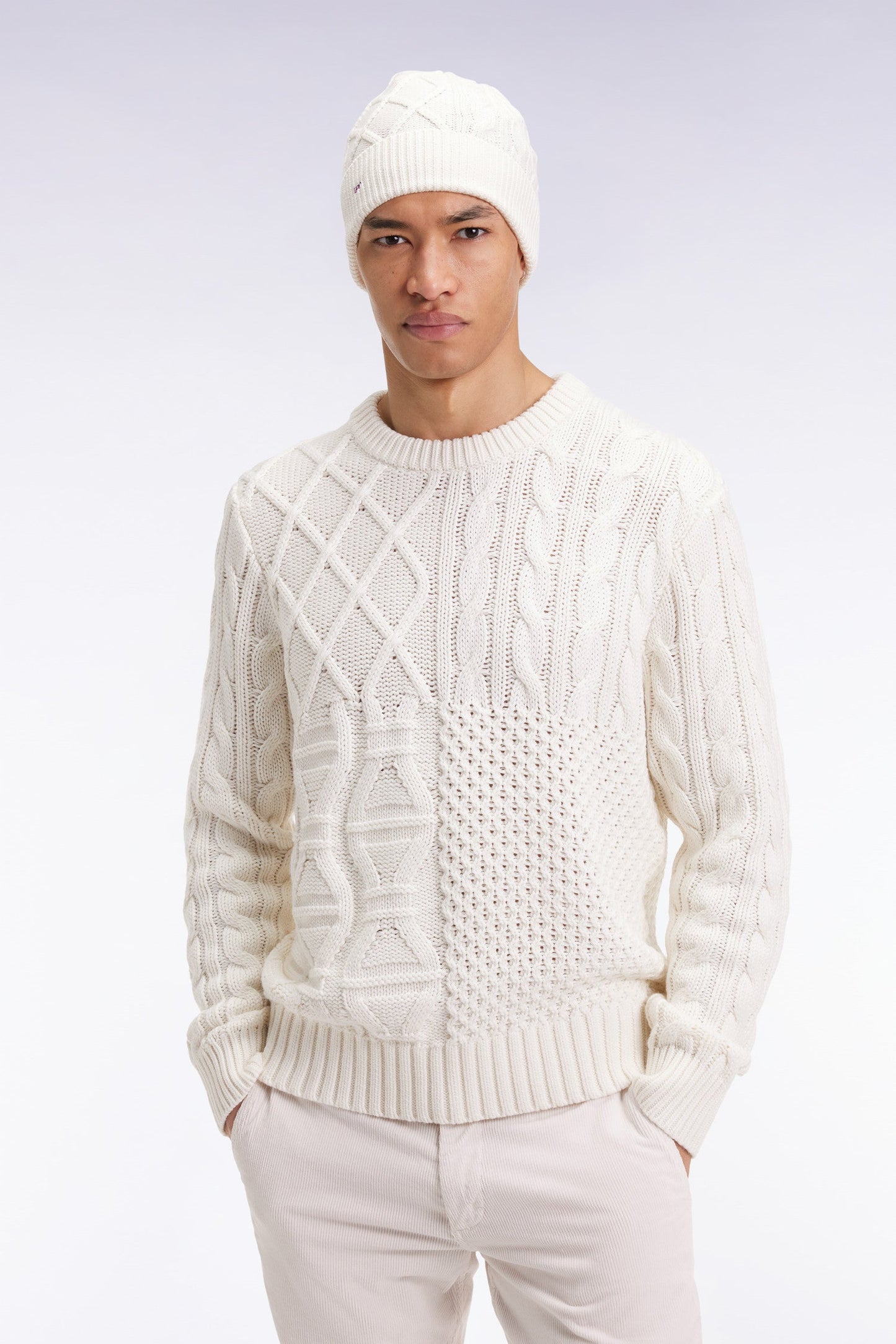 Pull col rond en laine et coton torsadé blanc
