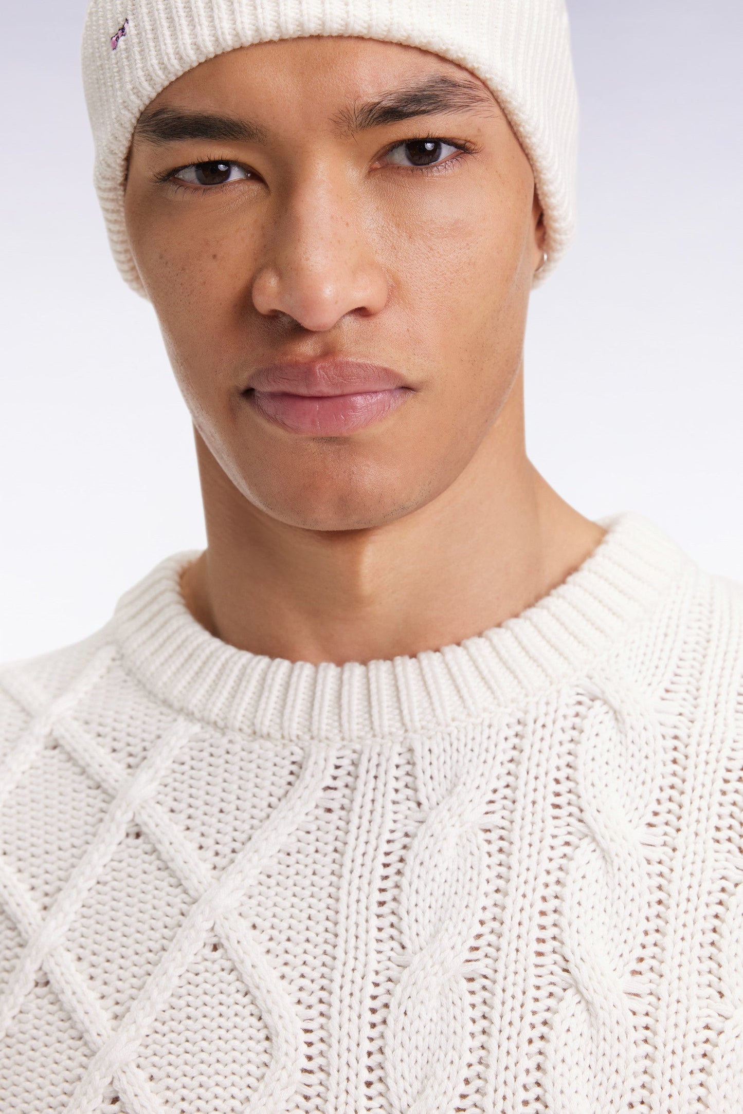 Pull col rond en laine et coton torsadé blanc