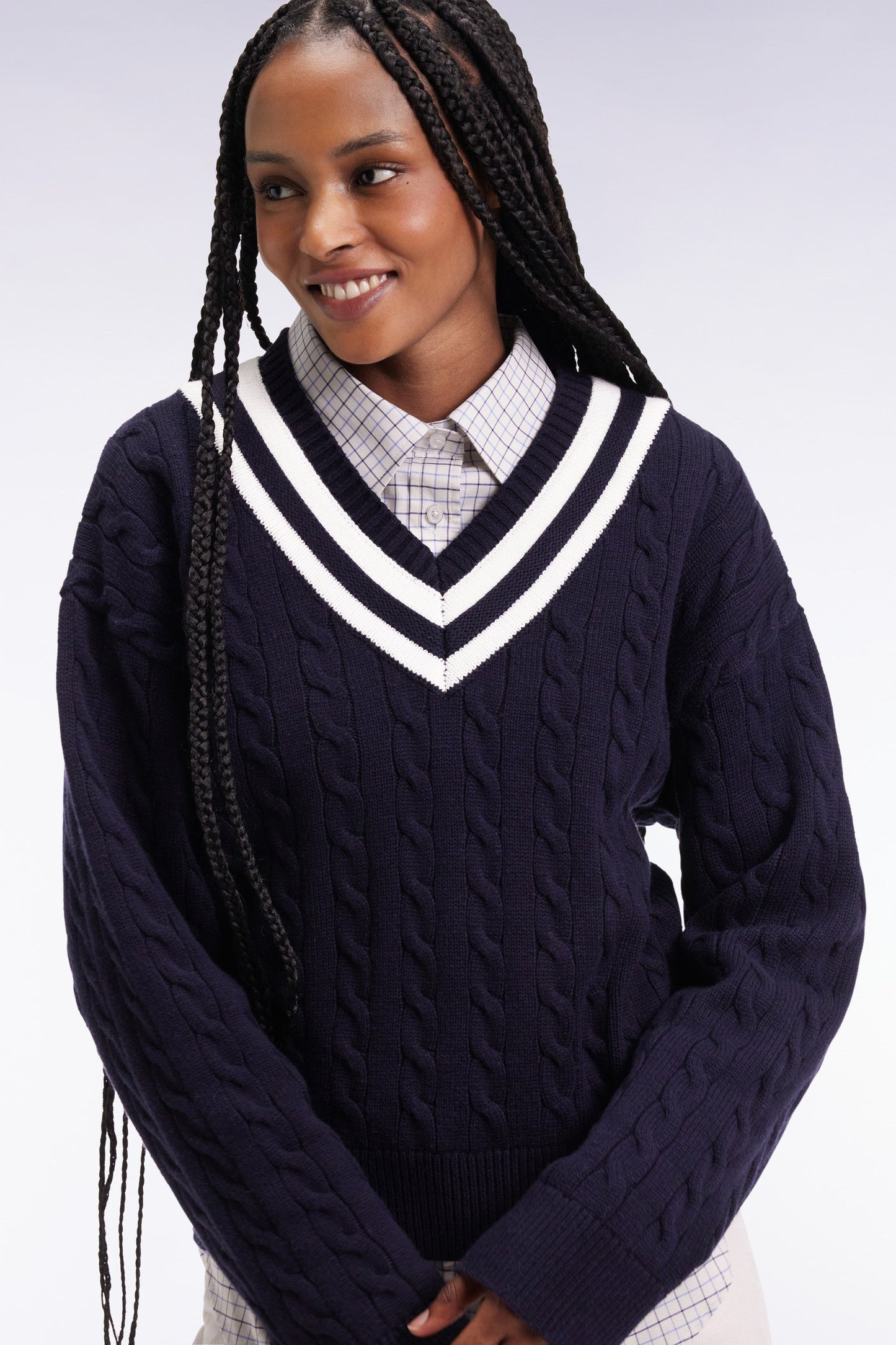 Pull cricket col V en laine et coton marine coupe Oversized