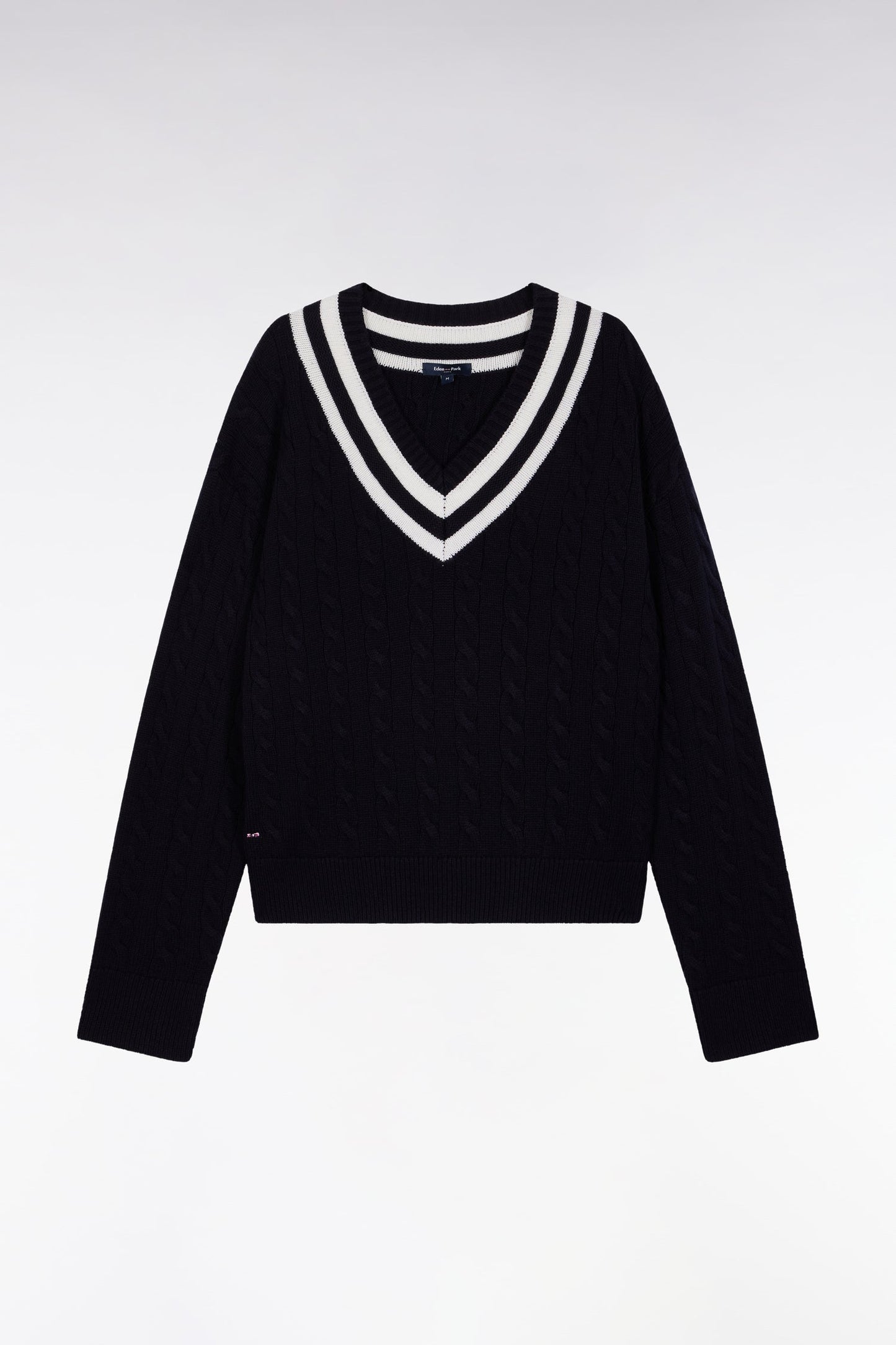 Pull cricket col V en laine et coton marine coupe Oversized