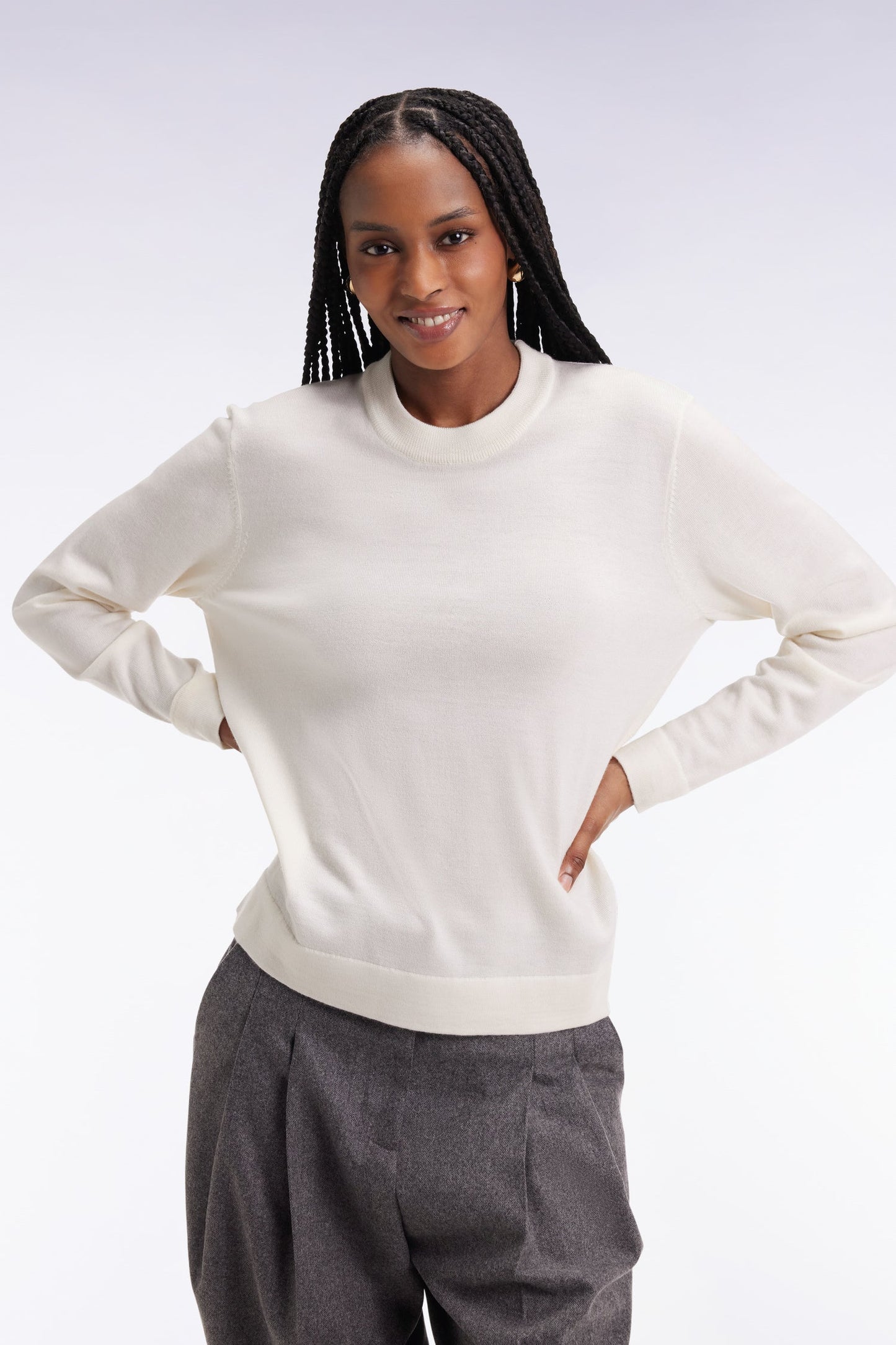 Pull à col rond en laine mérinos écru