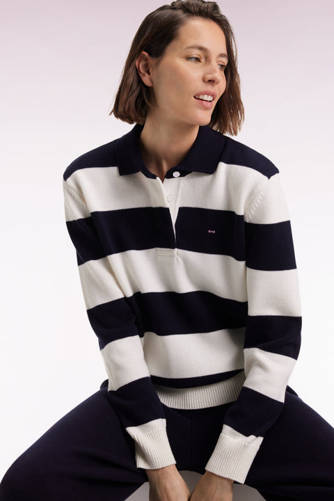Pull à col maillot en laine et coton à rayures rugby marine et blanc coupe Relaxed - Image 3