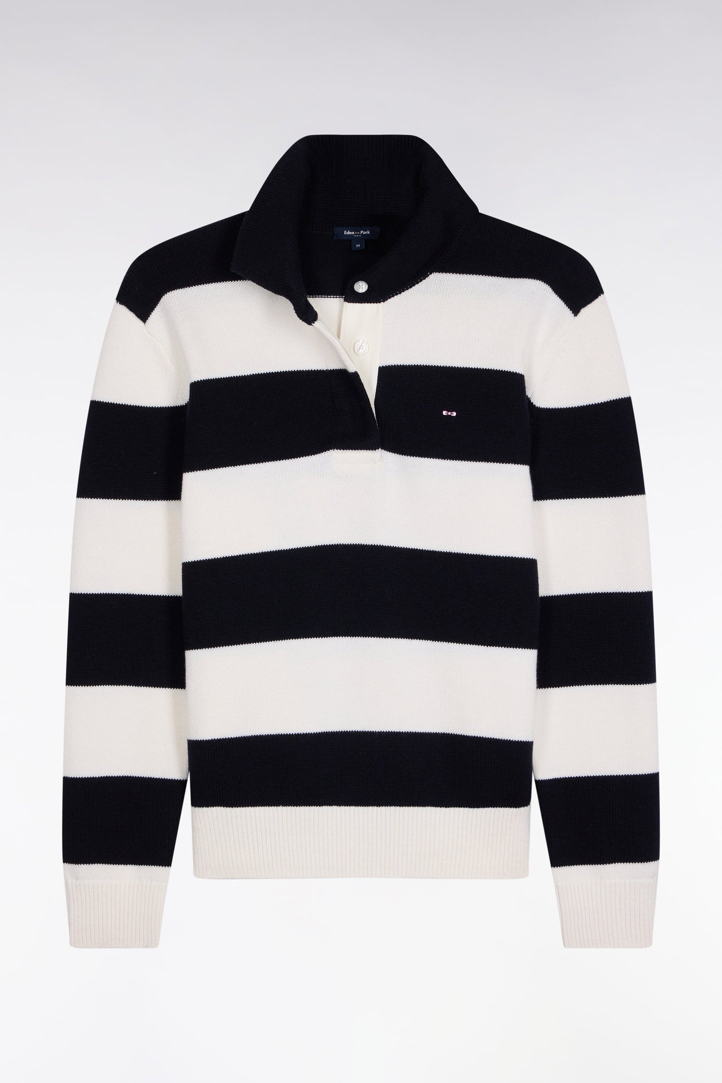 Pull à col maillot en laine et coton à rayures rugby marine et blanc coupe Relaxed