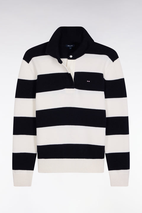 Pull à col maillot en laine et coton à rayures rugby marine et blanc coupe Relaxed - Image 2