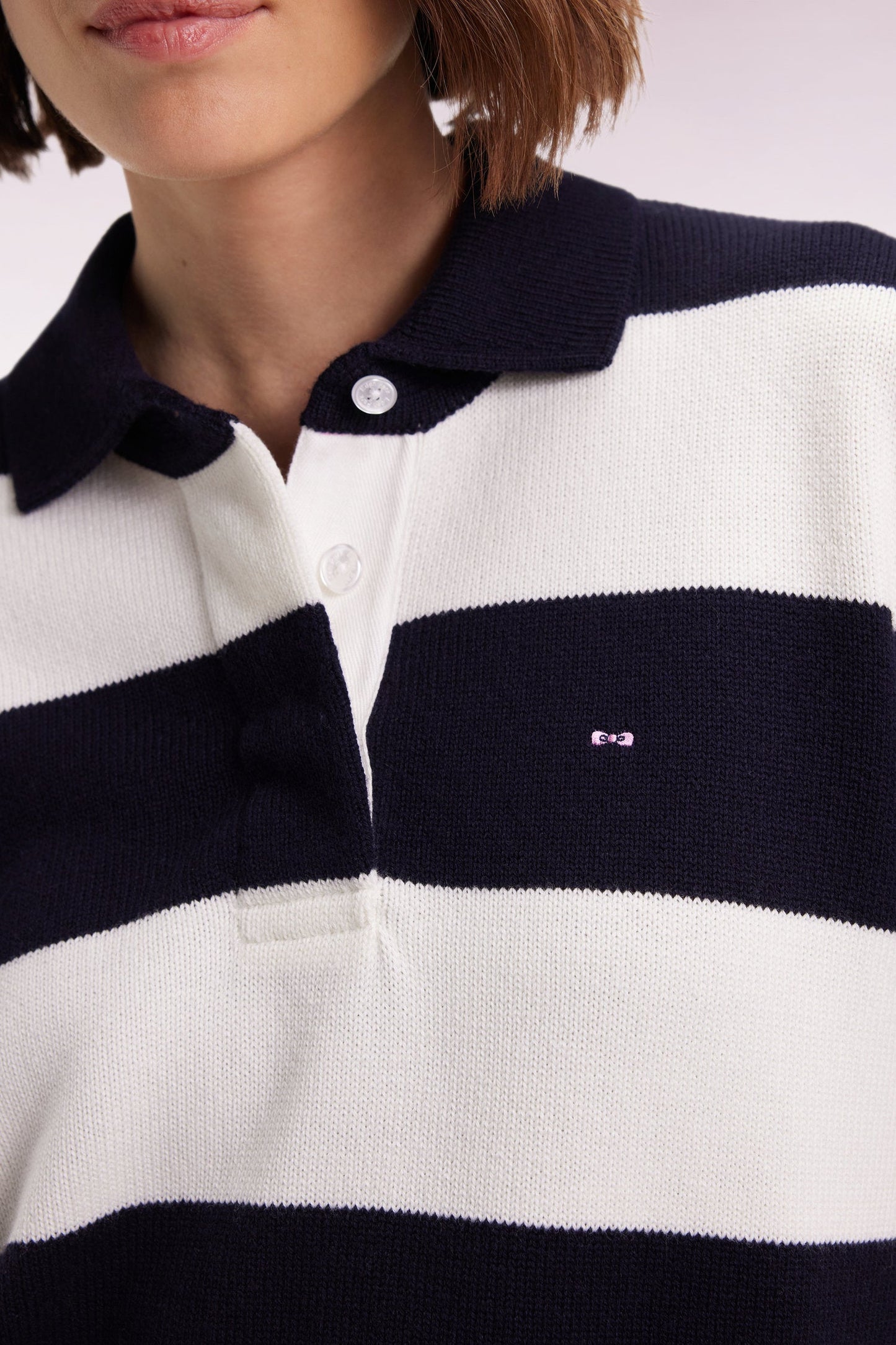 Pull à col maillot en laine et coton à rayures rugby marine et blanc coupe Relaxed