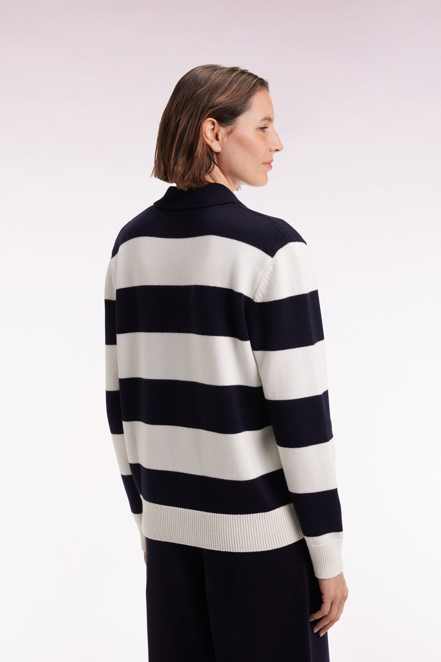 Pull à col maillot en laine et coton à rayures rugby marine et blanc coupe Relaxed