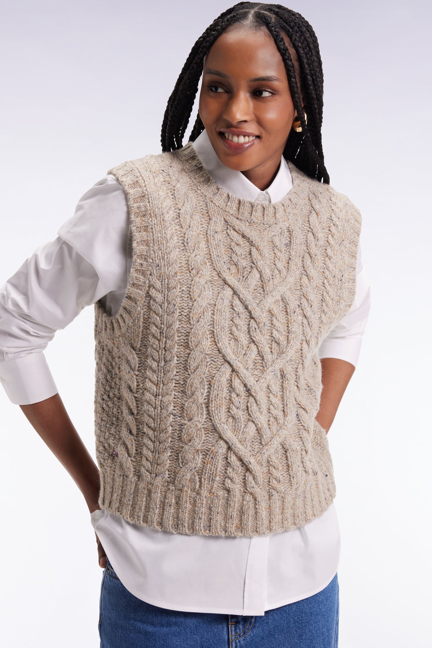 Pull à torsades sans manches en laine vierge mélangée beige coupe Relaxed