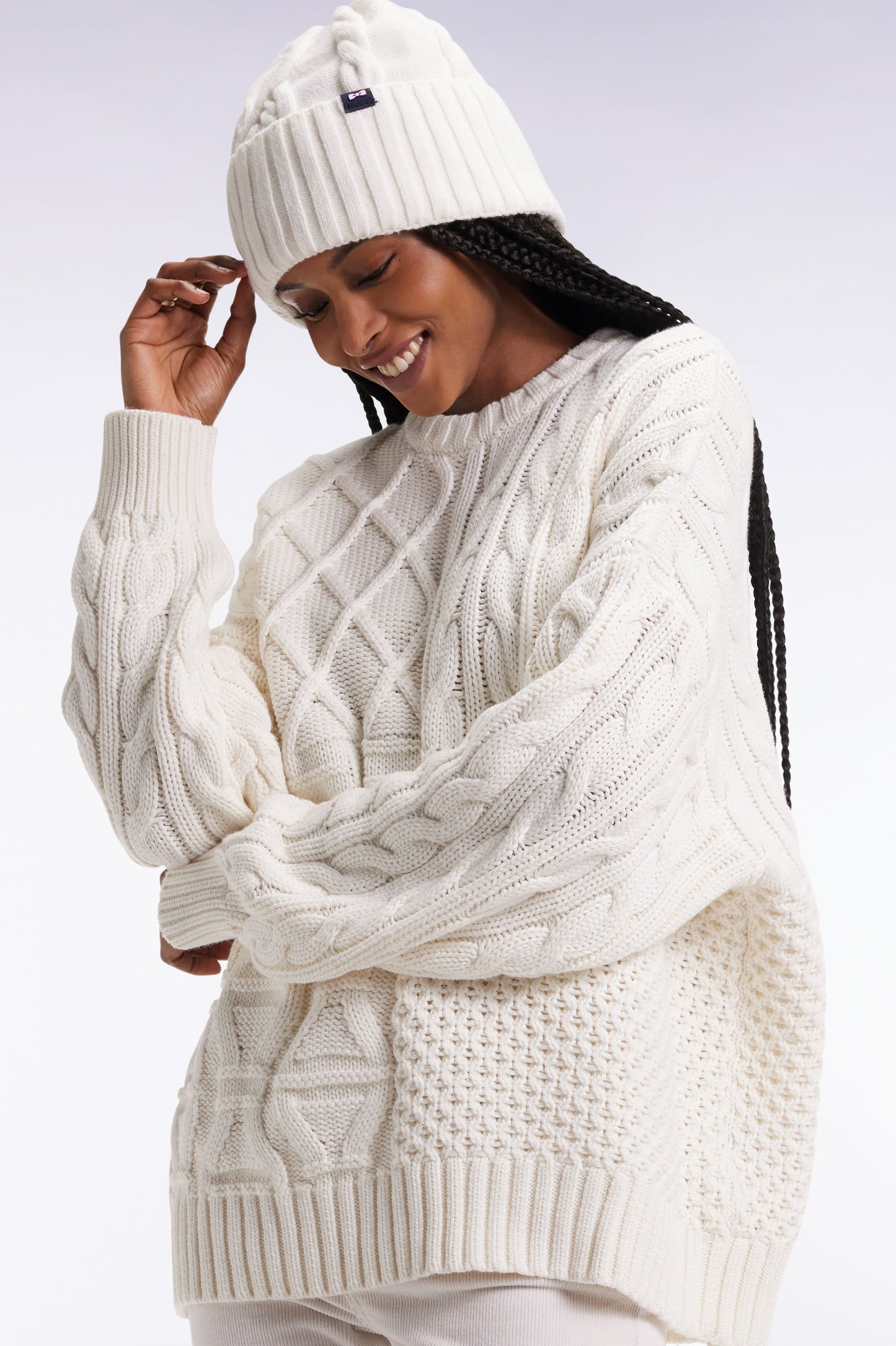 Pull à torsades en laine et coton blanc coupe Oversized