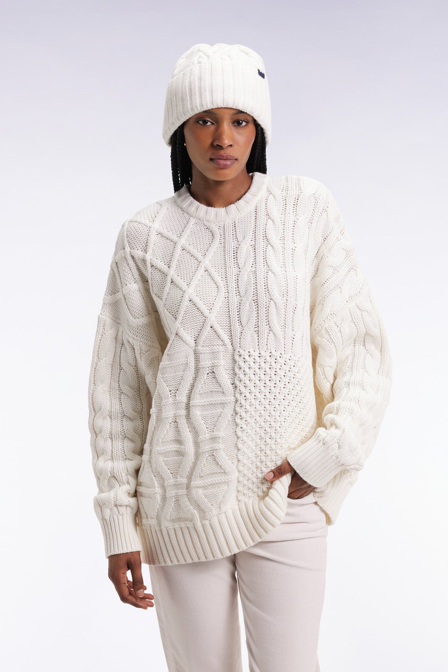 Pull à torsades en laine et coton blanc coupe Oversized