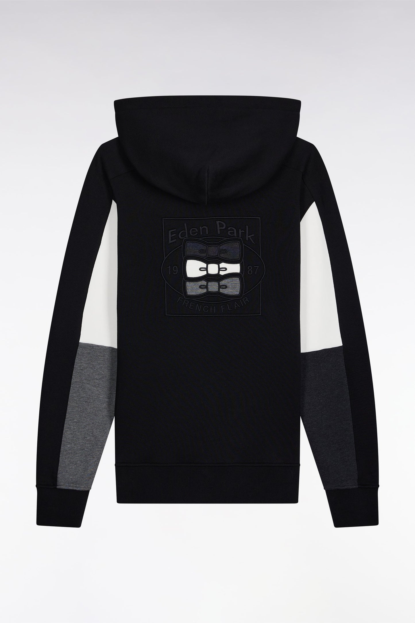 Sweatshirt à capuche noir découpes manches contrastées