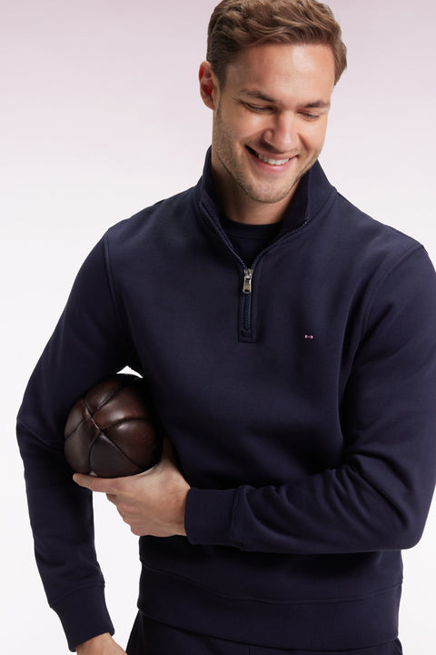 Sweatshirt à col montant zippé en molleton coton marine - Image 3