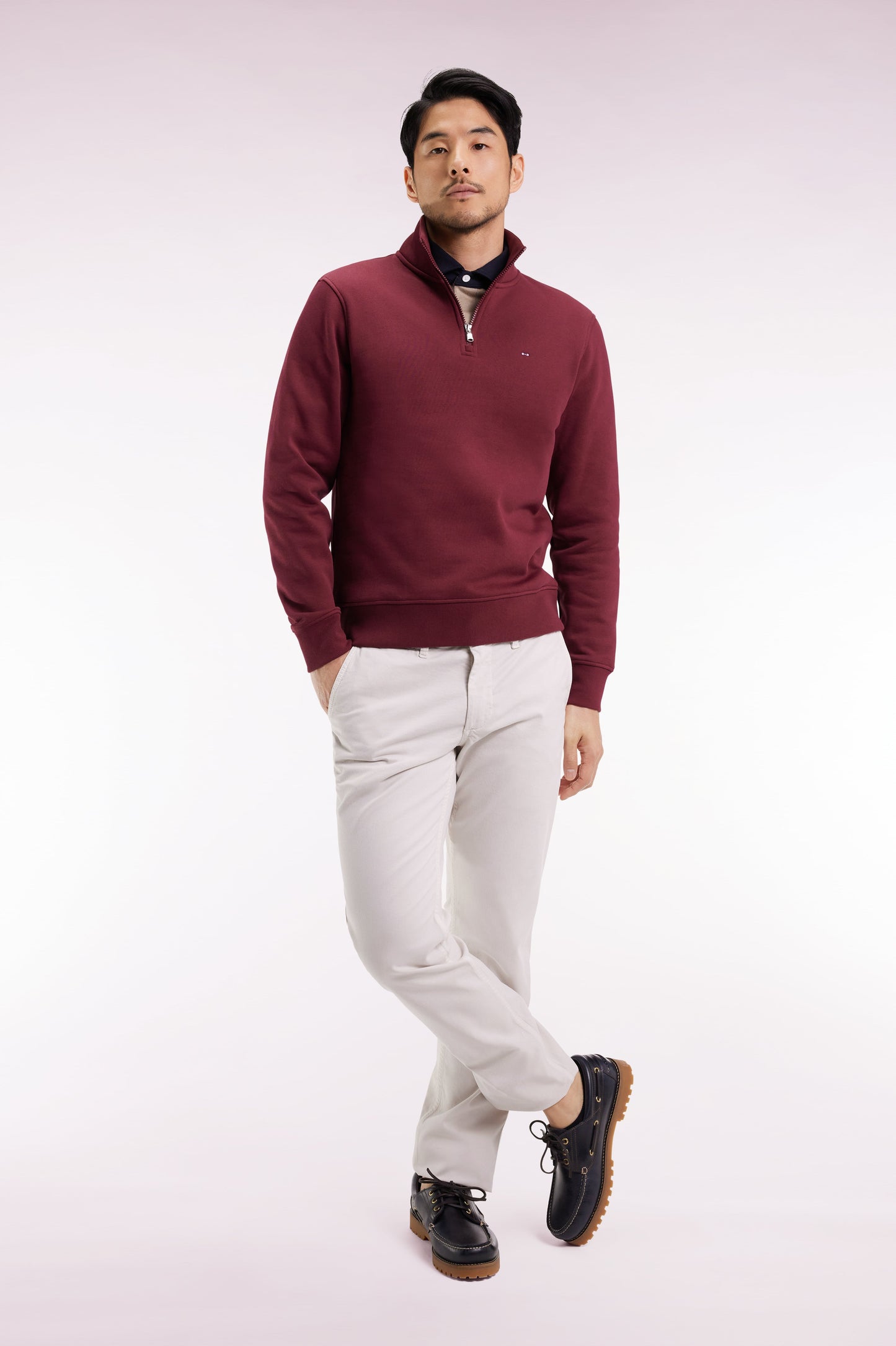 Sweatshirt à col montant zippé en molleton coton bordeaux