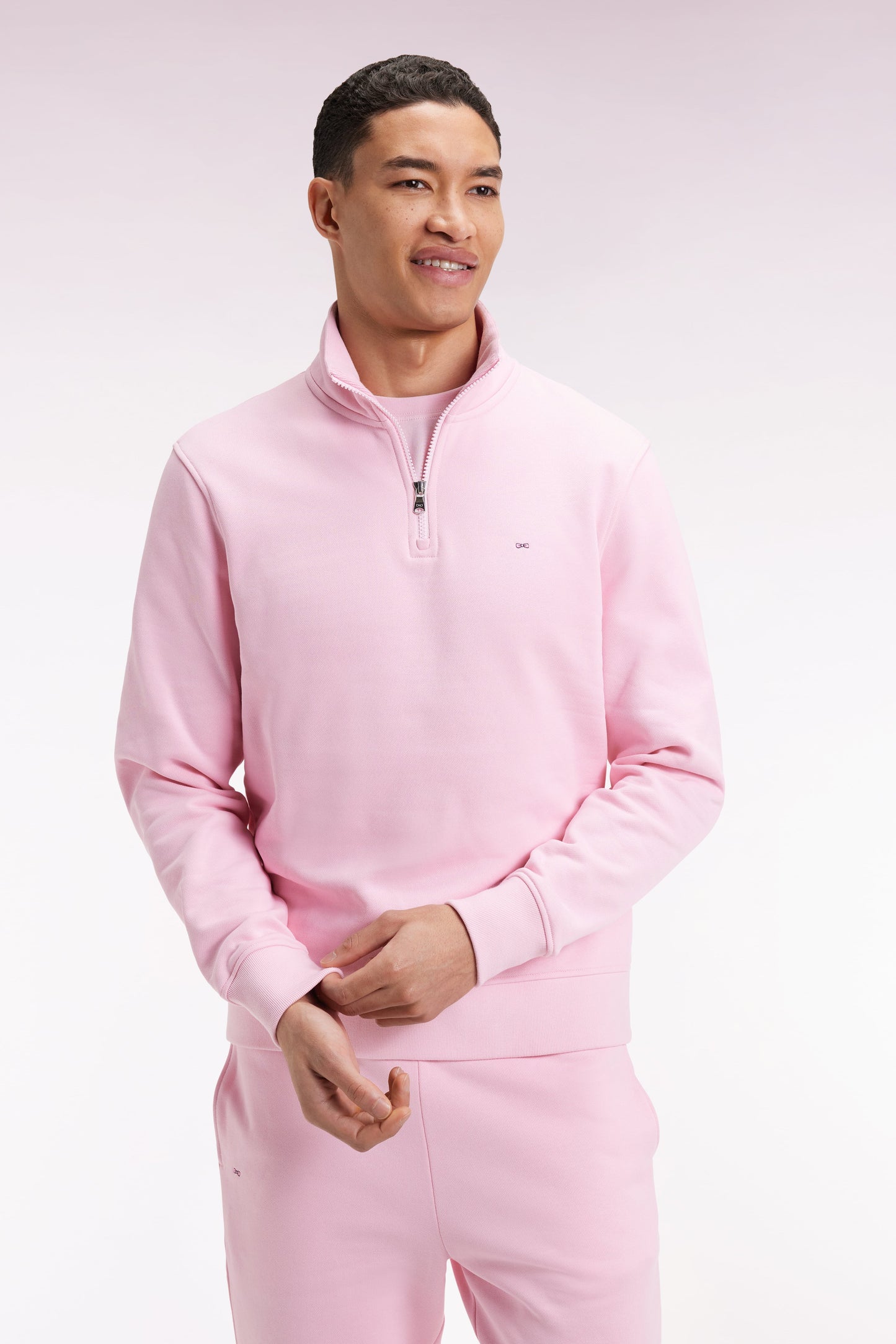 Sweatshirt à col montant zippé en molleton coton rose