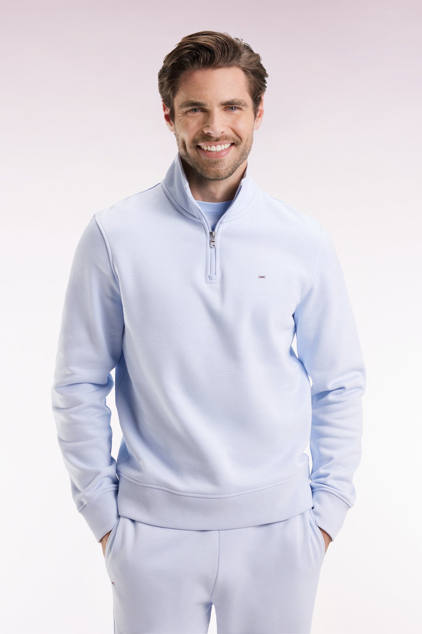 Sweatshirt à col montant zippé en molleton coton ciel