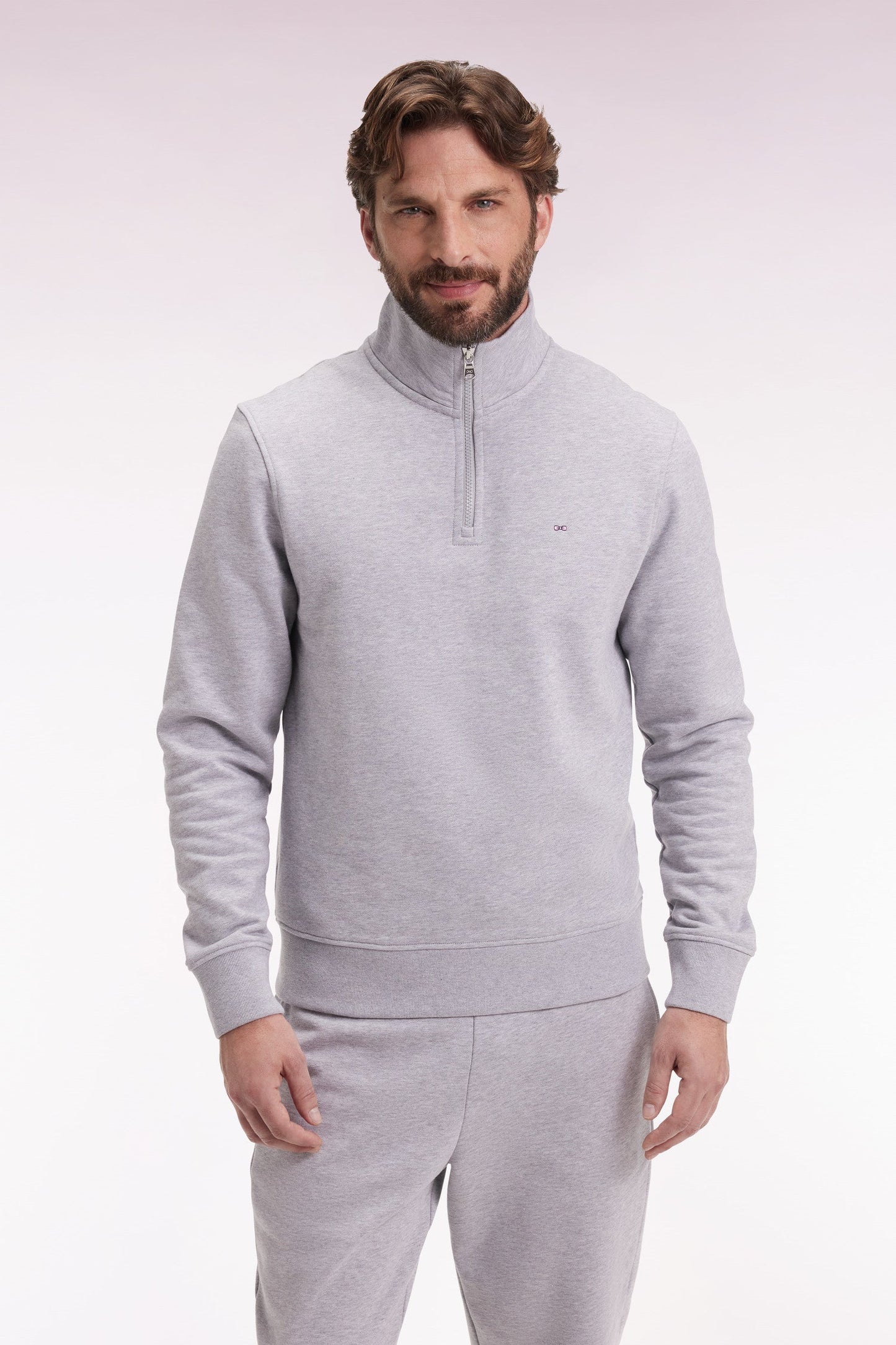 Sweatshirt à col montant zippé en molleton coton gris