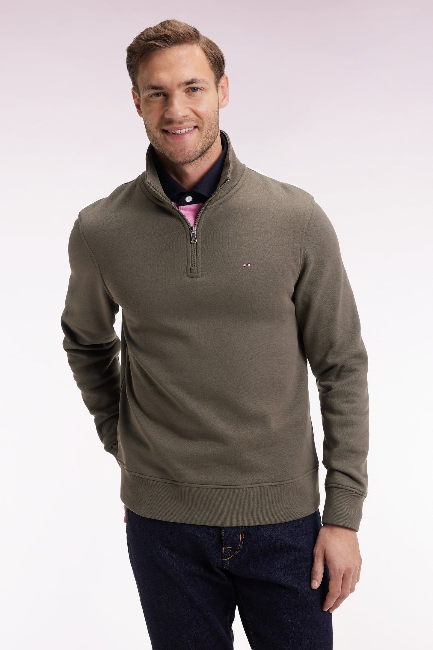 Sweatshirt à col montant zippé en molleton coton kaki - ANNULE