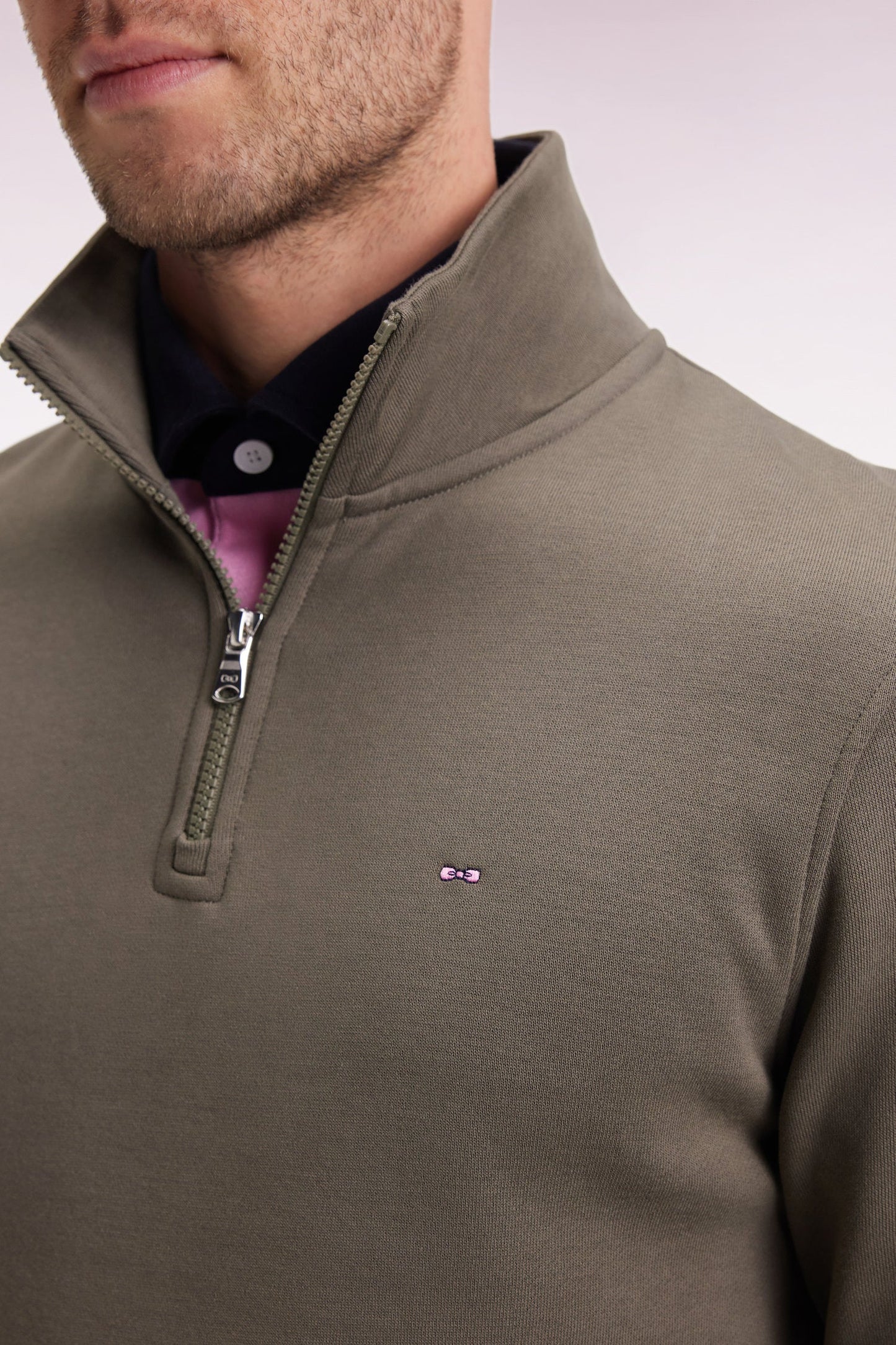 Sweatshirt à col montant zippé en molleton coton kaki - ANNULE