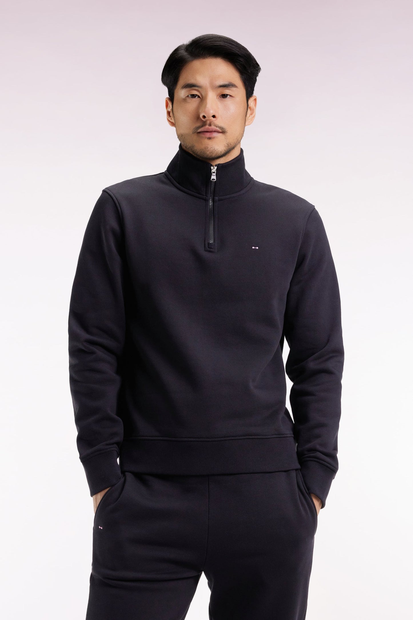 Sweatshirt à col montant zippé en molleton coton noir