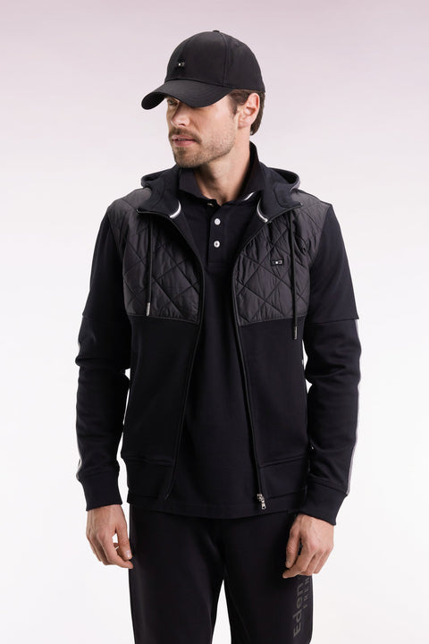 Sweatshirt zippé en interlock bimatière matelassé noir et gris - Image 1