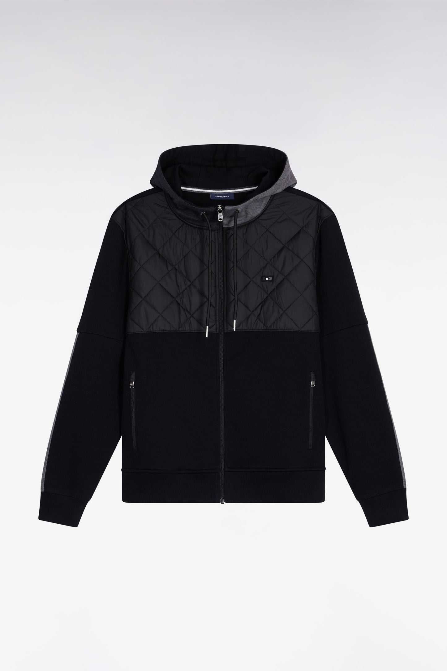 Sweatshirt zippé en interlock bimatière matelassé noir et gris
