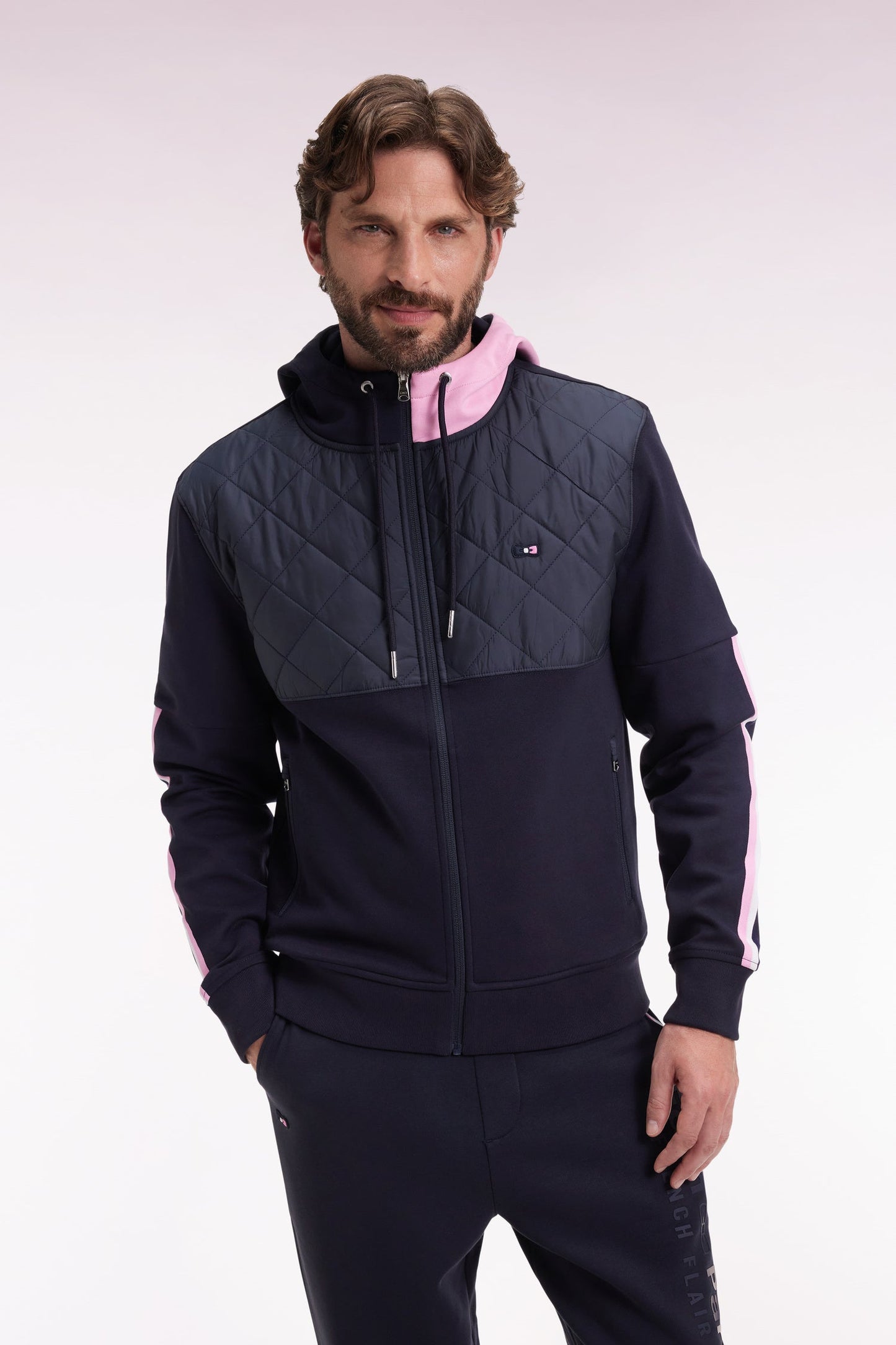 Sweatshirt zippé en interlock bimatière matelassé marine et rose